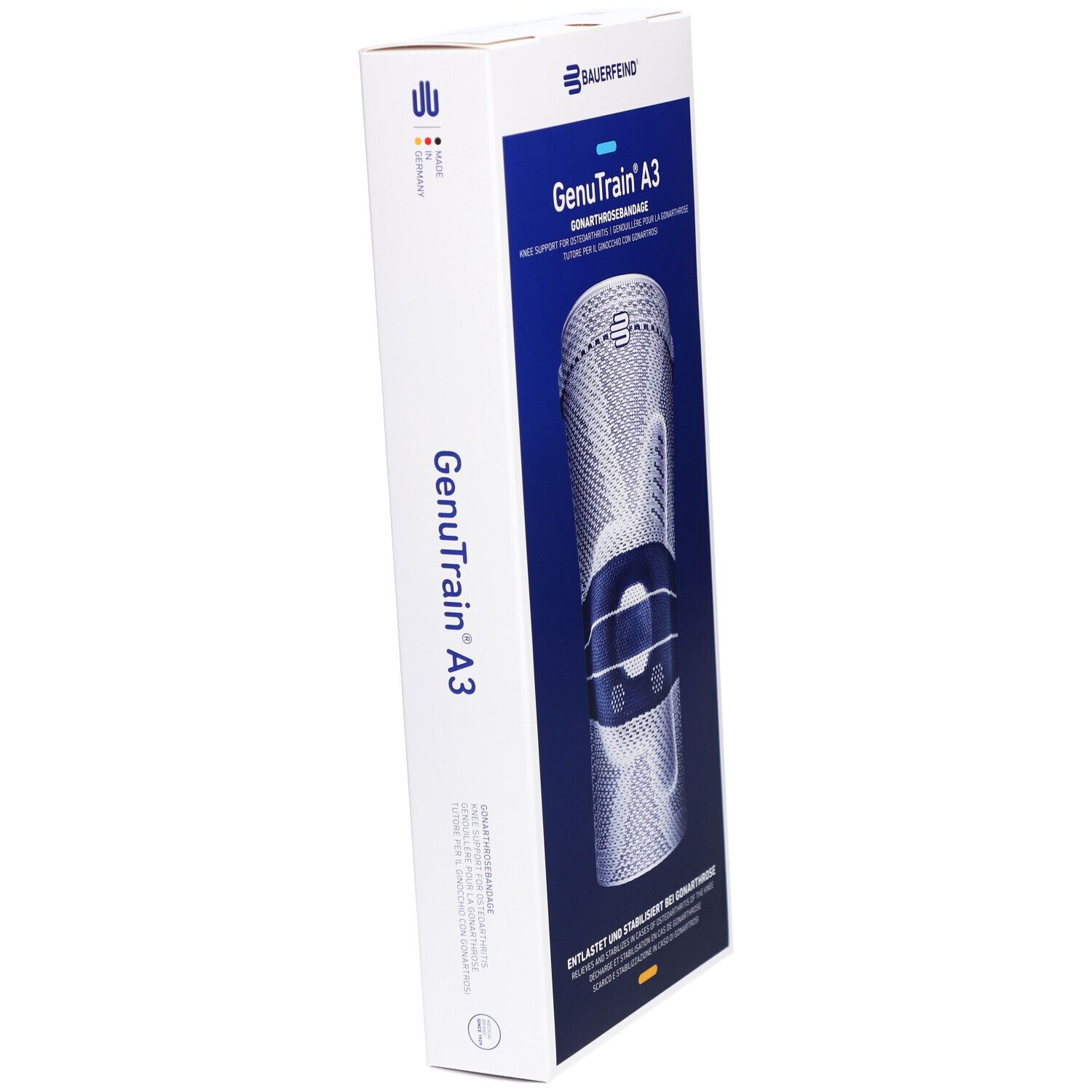 Bauerfeind GenuTrain A3 Kniebandage in Verpackung. Verpackung schräg. Produktname und Logo deutlich sichtbar. Blaue und weiße Farbgebung.
