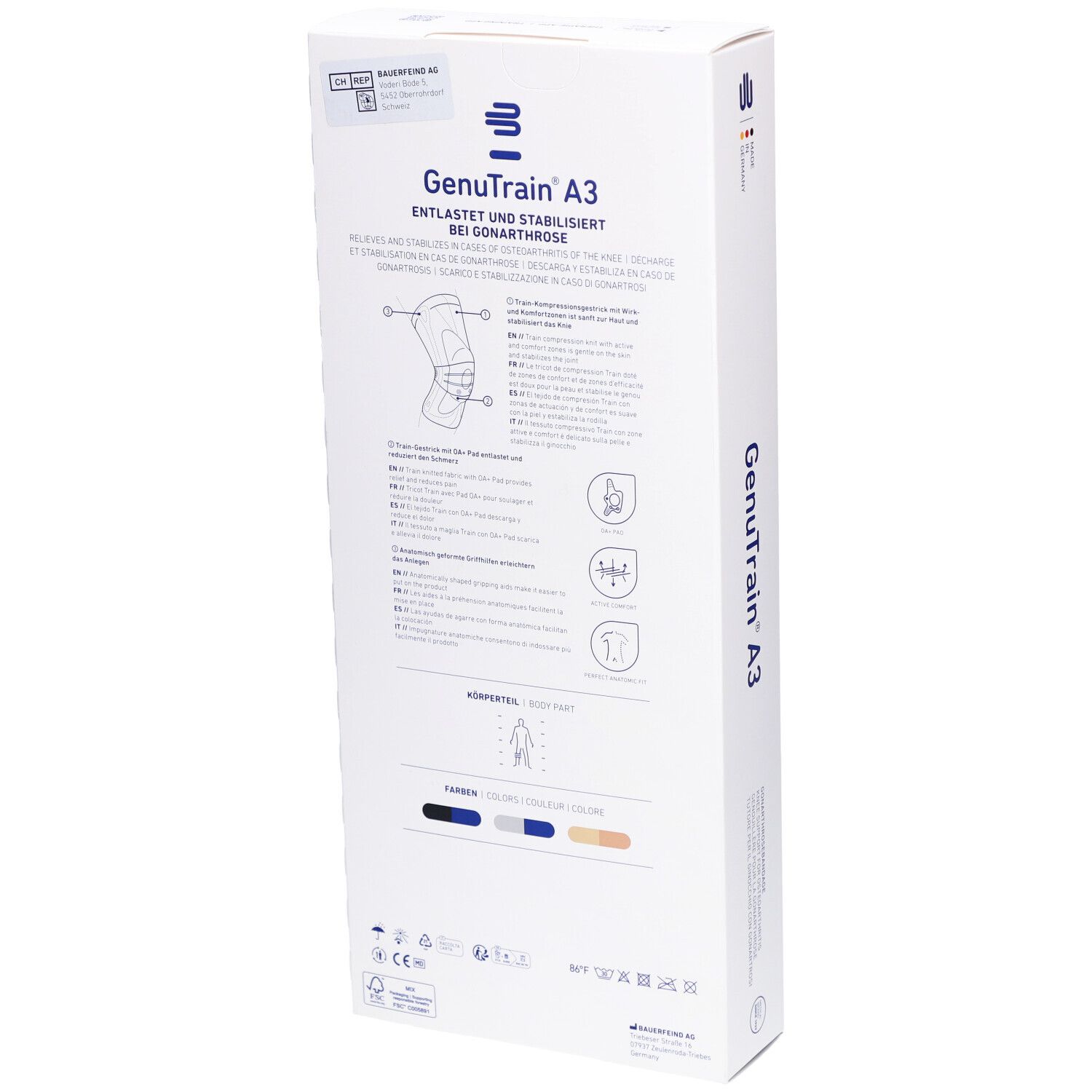 Rückseite der Verpackung der Bauerfeind GenuTrain A3 Kniebandage. Produktinformationen und Größenangaben. Illustrationen zur Anwendung.