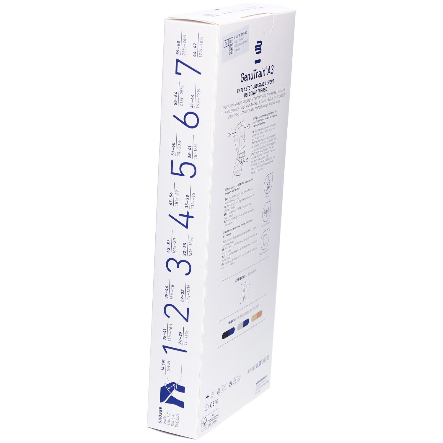 Verpackung der Bauerfeind GenuTrain A3 Kniebandage. Größenangaben und Illustrationen. Produktname und Logo sichtbar.