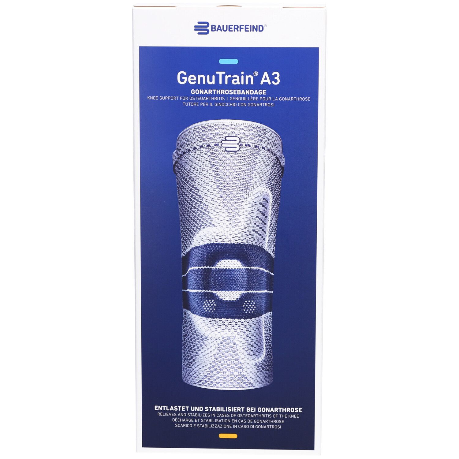 Bauerfeind GenuTrain A3 Kniebandage in Verpackung. Produktabbildung. Text: Entlastet und stabilisiert bei Gonarthrose. Logo und Produktname.