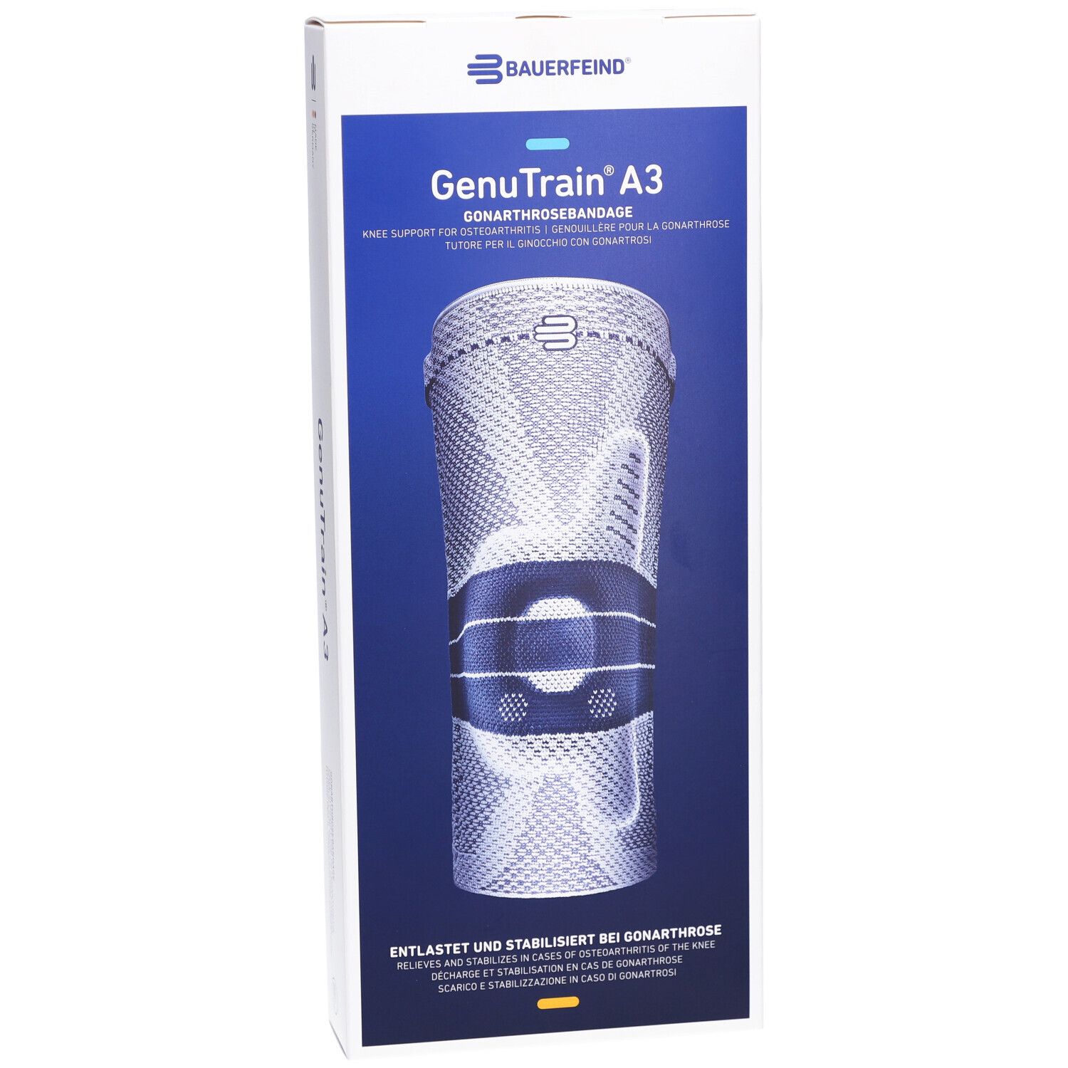 Bauerfeind GenuTrain A3 Kniebandage in Verpackung. Produktabbildung. Logo und Produktname deutlich sichtbar. Blaue und weiße Farbgebung.