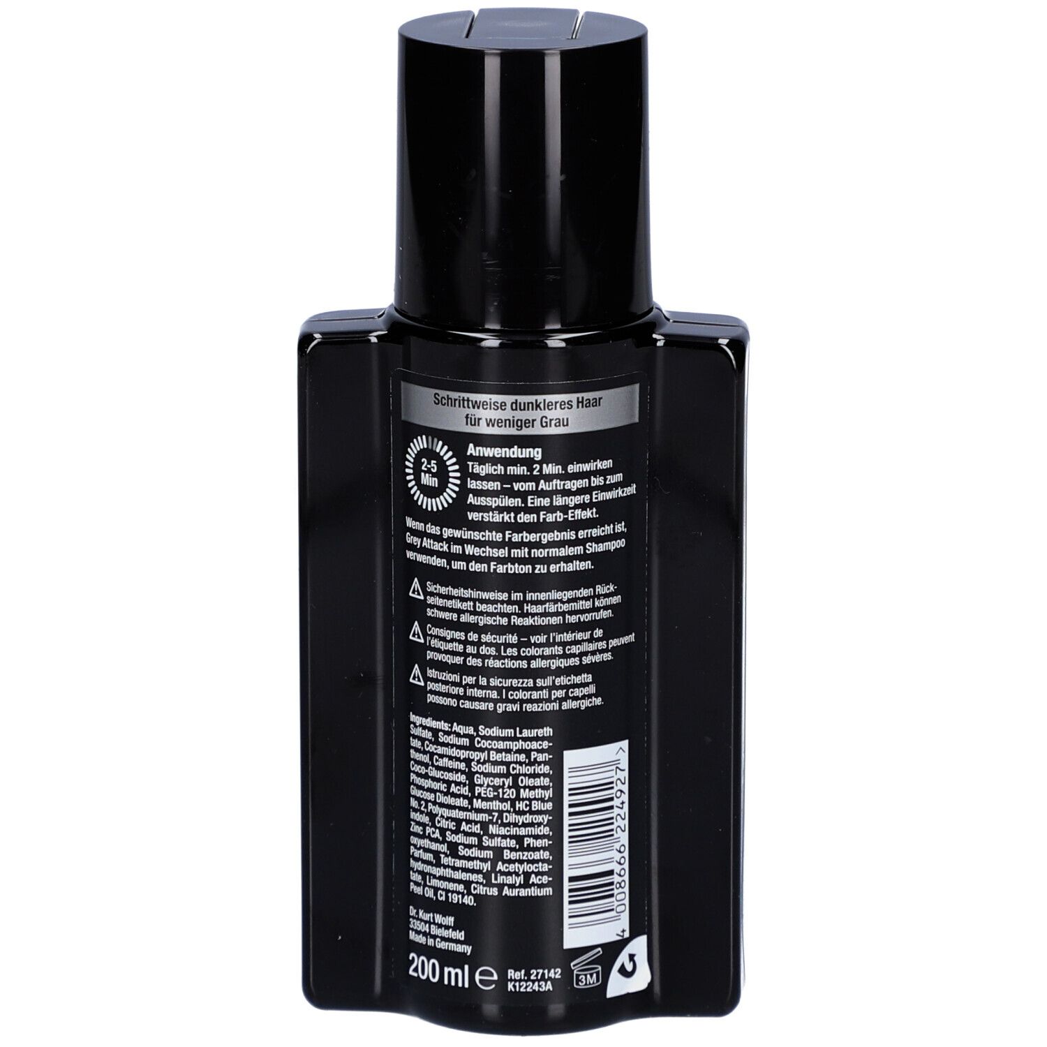 Rückseite der schwarzen Shampoo-Flasche. Enthält Text in deutscher Sprache, sowie eine Mengenangabe von 200 ml.