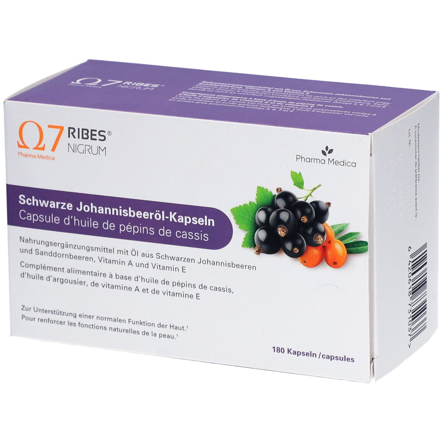Karton mit Kapseln. Aufschrift: Q7 RIBES NIGRUM, Schwarze Johannisbeeröl-Kapseln. Abbildung von Johannisbeeren.
