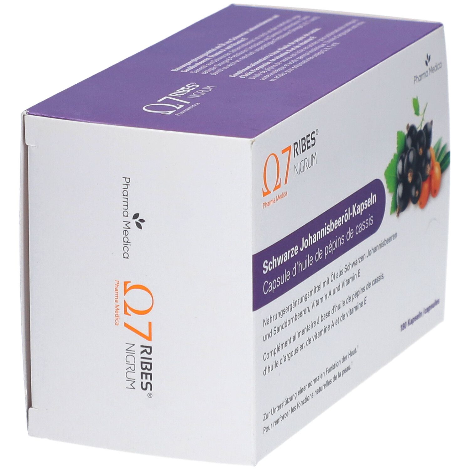 Karton mit Kapseln. Aufschrift: Q7 RIBES NIGRUM, Schwarze Johannisbeeröl-Kapseln. Logo Pharma Medica.