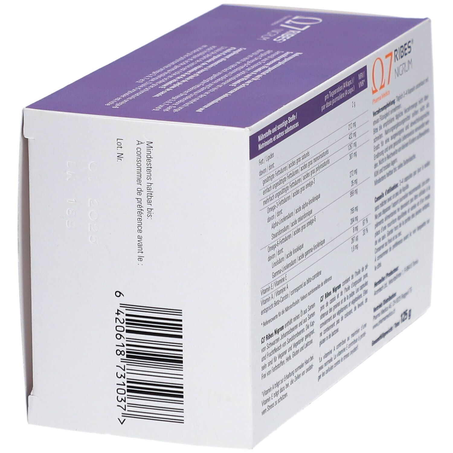 Karton mit Kapseln. Aufschrift: Q7 RIBES NIGRUM. Barcode. Mindestens haltbar bis.