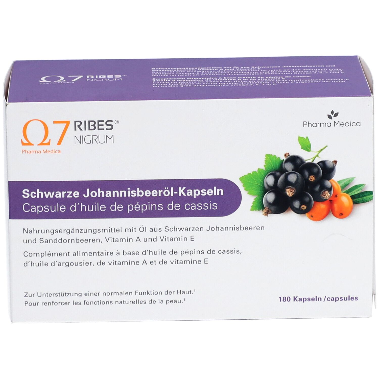 Karton mit Kapseln. Aufschrift: Q7 RIBES NIGRUM, Schwarze Johannisbeeröl-Kapseln. Abbildung von Johannisbeeren.