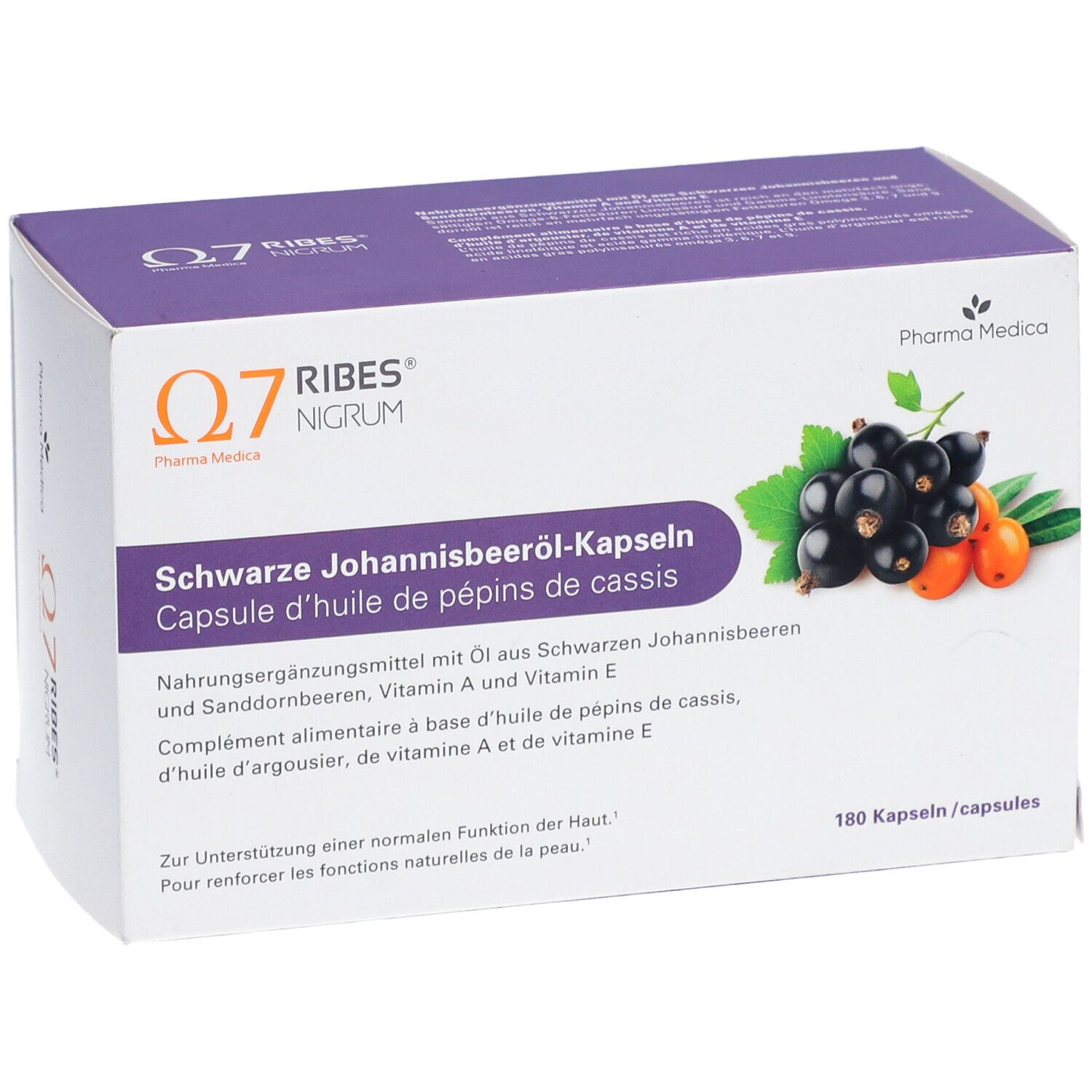 Karton mit Kapseln. Aufschrift: Q7 RIBES NIGRUM, Schwarze Johannisbeeröl-Kapseln. Abbildung von Johannisbeeren.