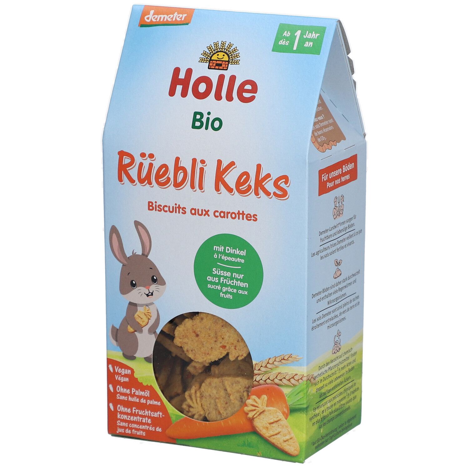 Verpackung von Holle Bio-Rüebli Keks. Vorderseite mit Produktnamen, Logo, und Illustration eines Hasen mit Karotte.