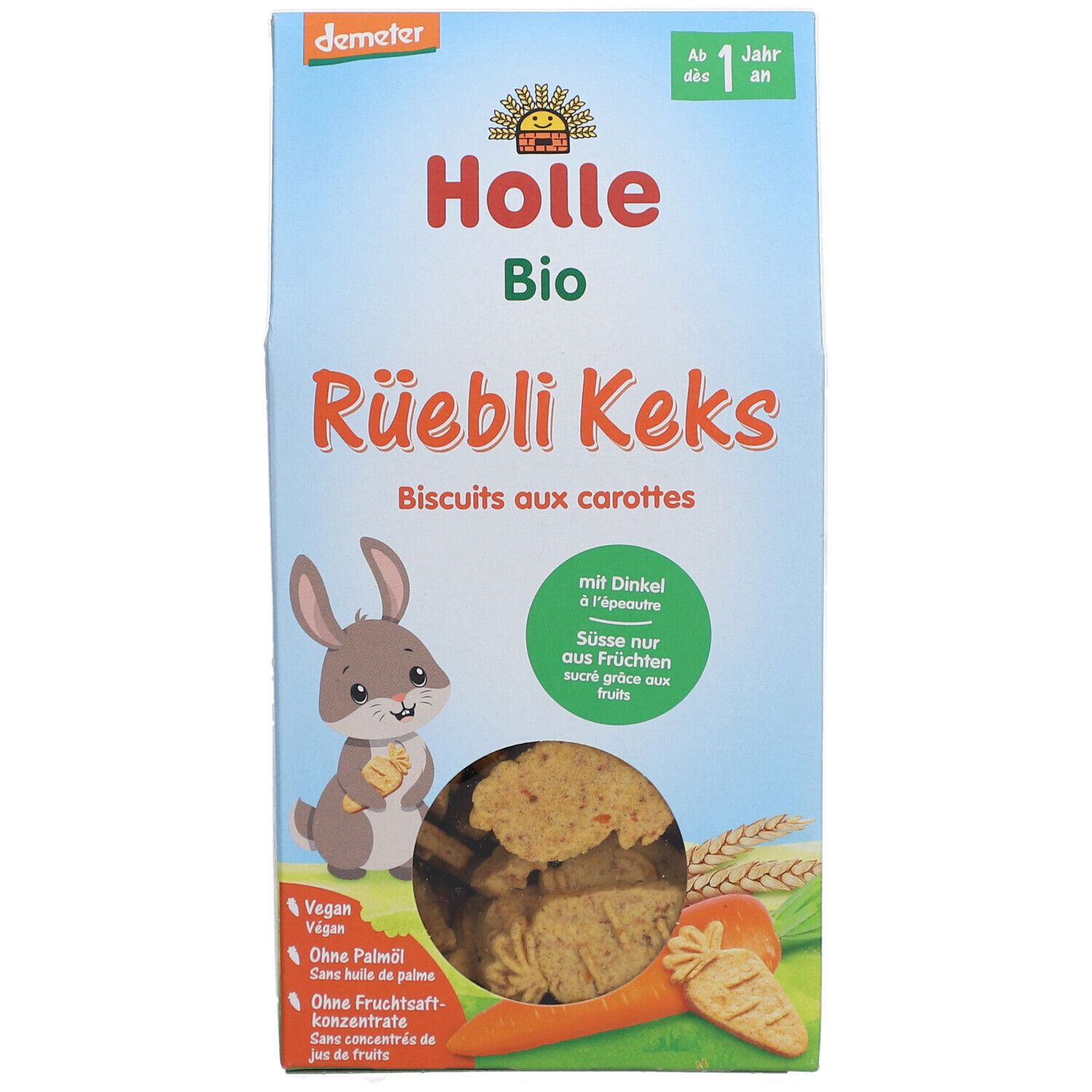 Vorderseite der Holle Bio-Rüebli Keks Verpackung. Produktname, Logo, Illustration eines Hasen und Kekse.