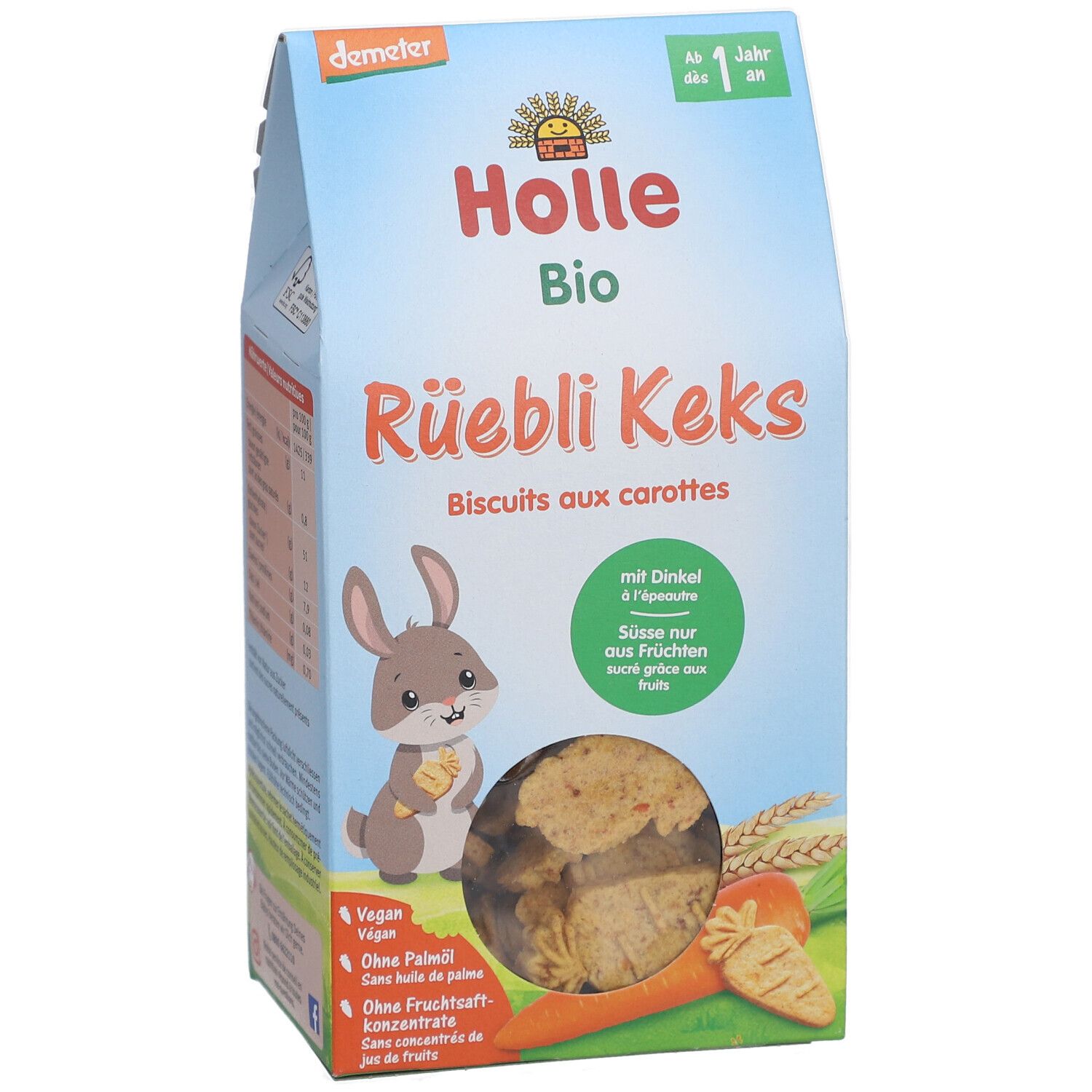 Vorderseite der Holle Bio-Rüebli Keks Verpackung. Produktname, Logo, Illustration eines Hasen und Kekse.