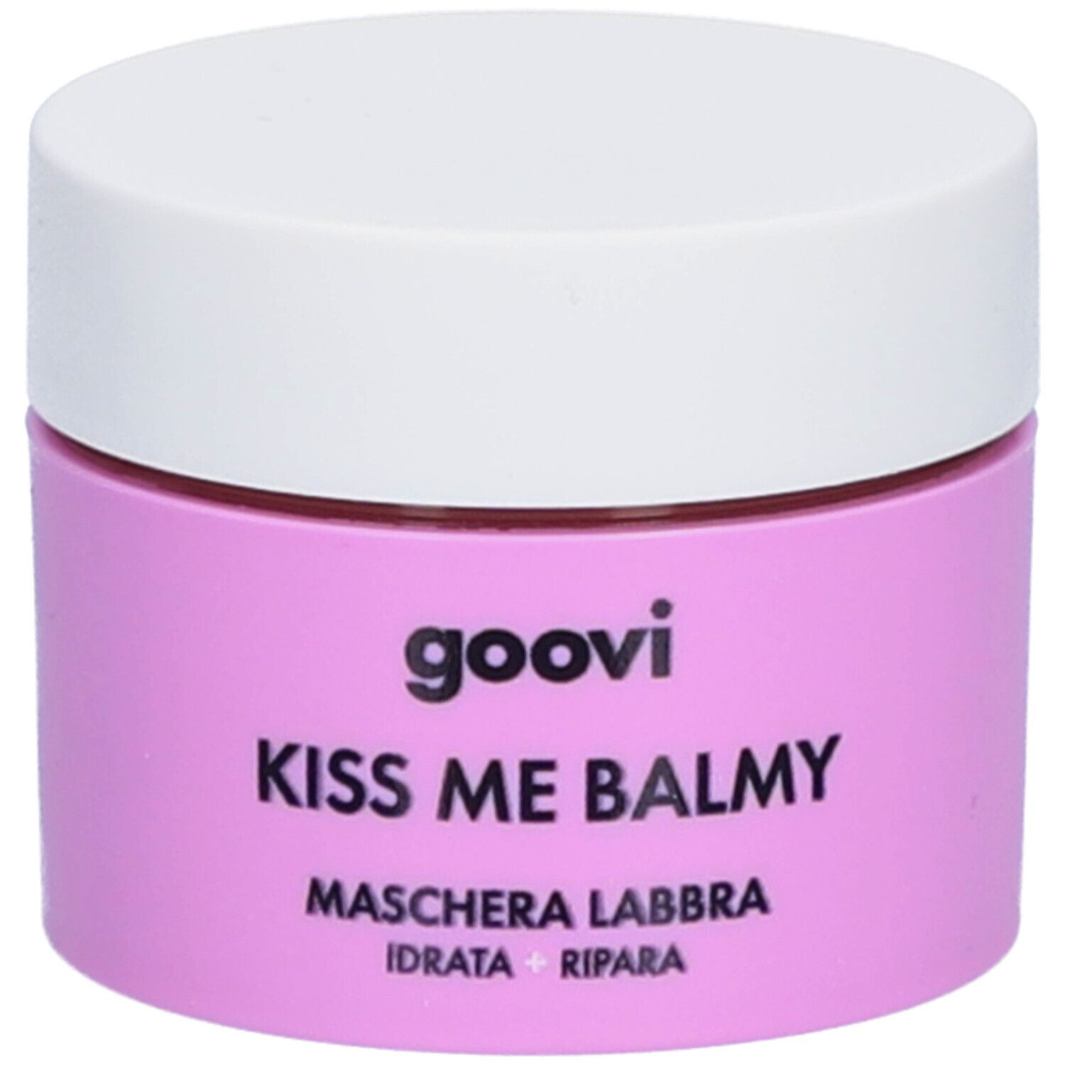 Pot rose avec couvercle blanc. Inscription : Goovi, Kiss Me Balmy, Maschera Labbra, Idratata + Ripara.