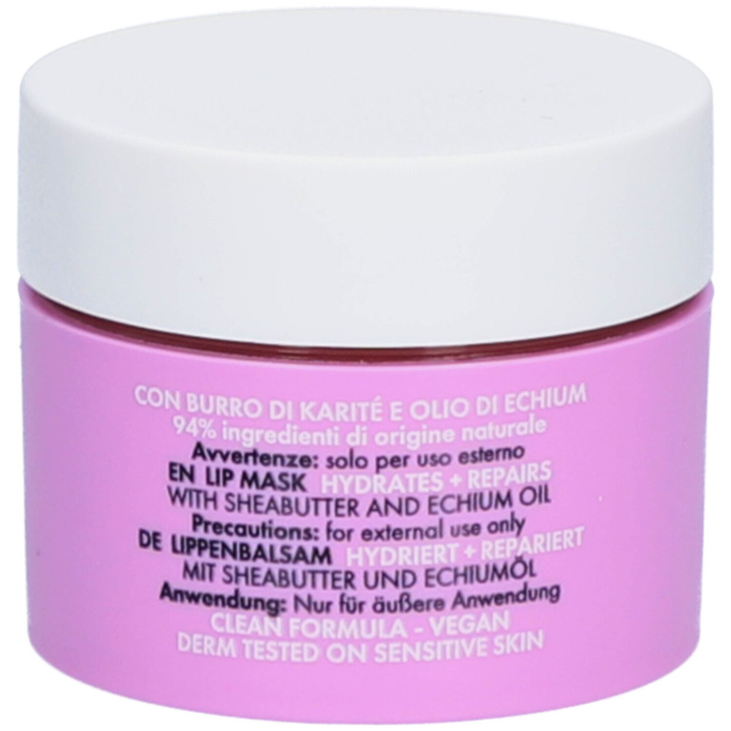Pot rose avec couvercle blanc. Texte : Beurre de karité et huile d'échium, 94% ingrédients naturels.