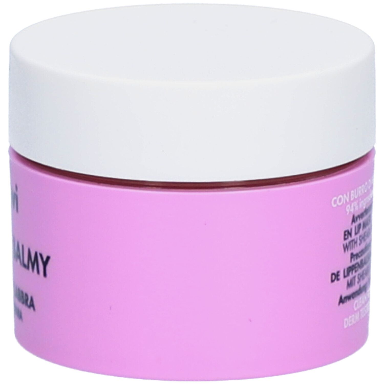 Pot rose avec couvercle blanc. Texte latéral : Goovi, Kiss Me Balmy, Maschera Labbra, Idratata + Ripara.