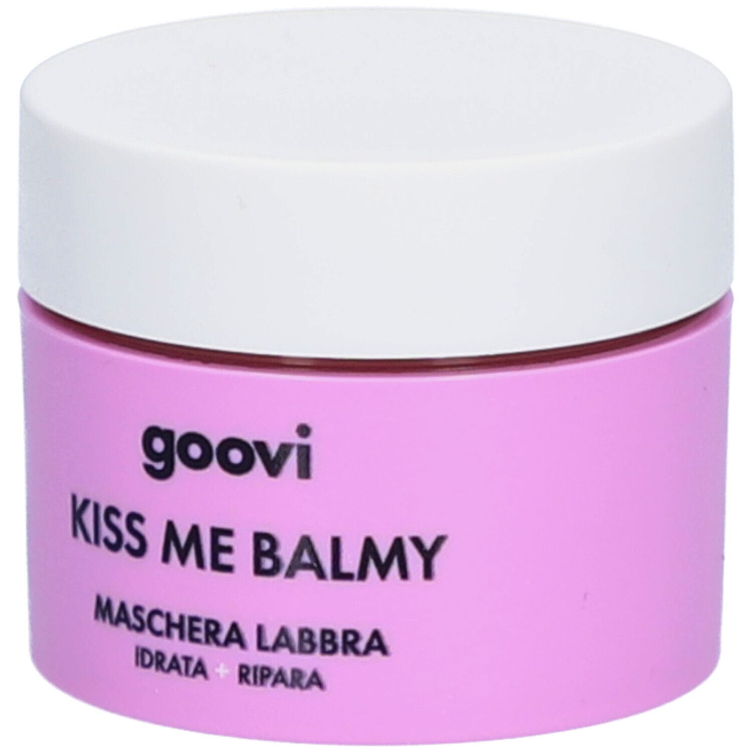Pot rose avec couvercle blanc. Inscription : Goovi, Kiss Me Balmy, Maschera Labbra, Idratata + Ripara.