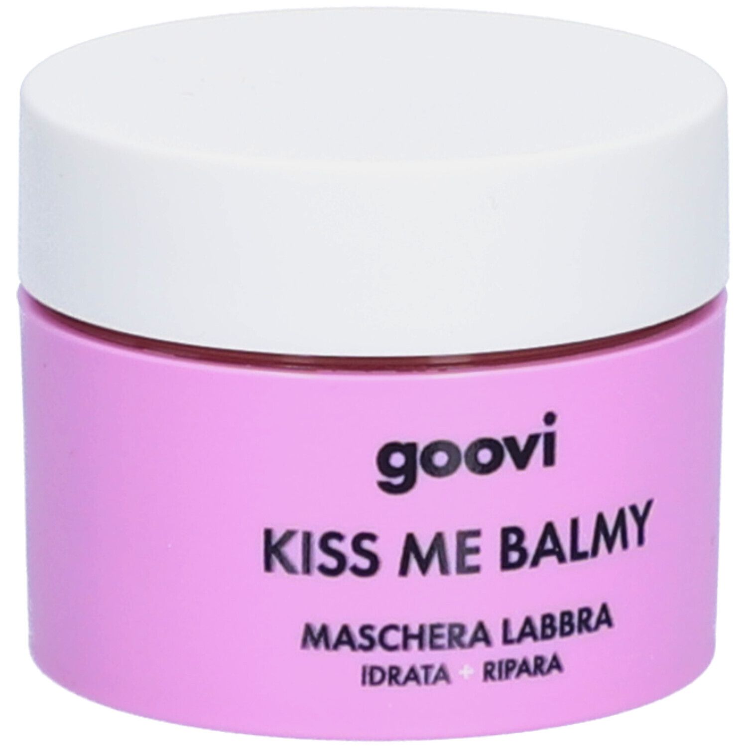 Pot rose avec couvercle blanc. Inscription : Goovi, Kiss Me Balmy, Maschera Labbra, Idratata + Ripara.
