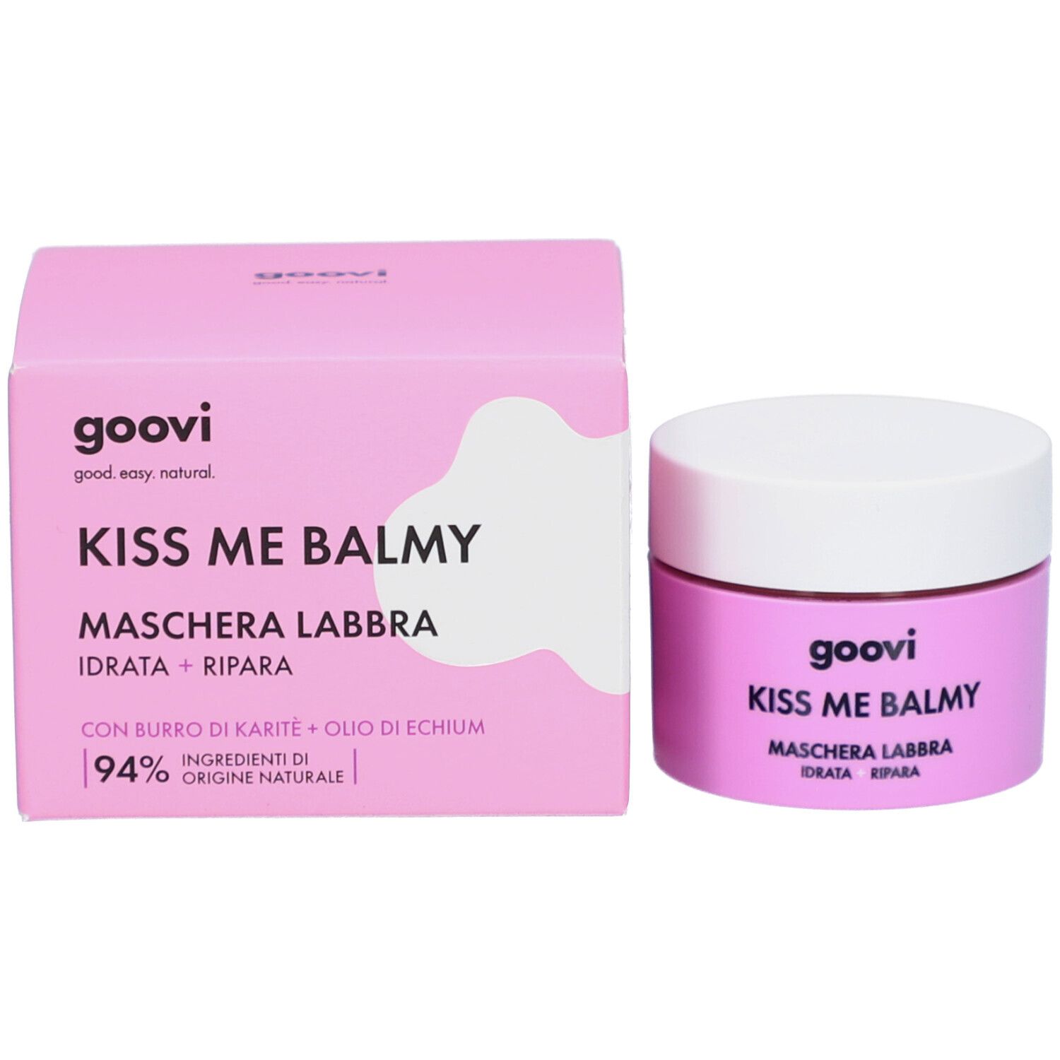 Emballage et pot. Emballage : Goovi, Kiss Me Balmy, Maschera Labbra. Pot : rose, couvercle blanc.