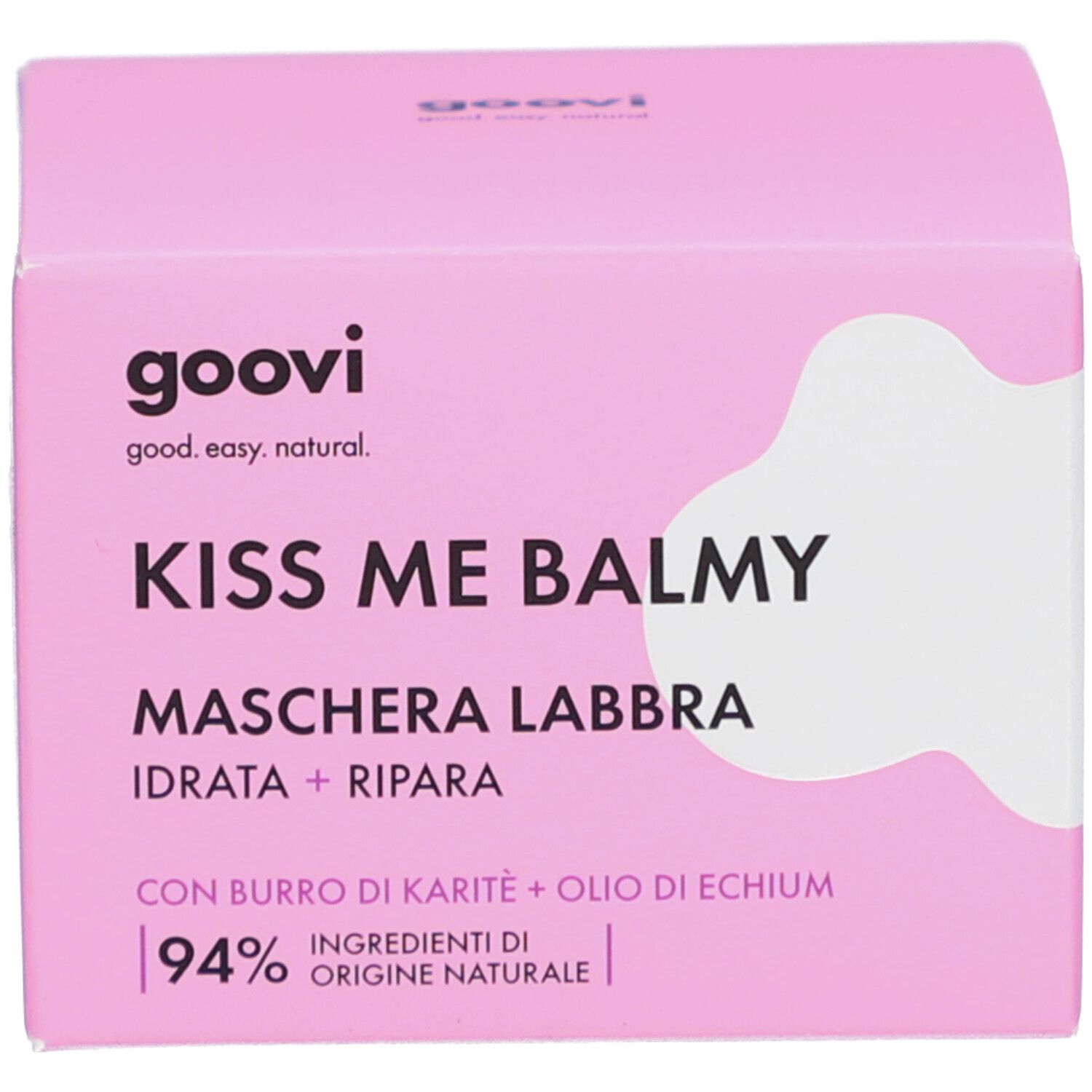 Emballage du produit. Inscription : Goovi, Kiss Me Balmy, Maschera Labbra, Idratata + Ripara. 94% ingrédients naturels.