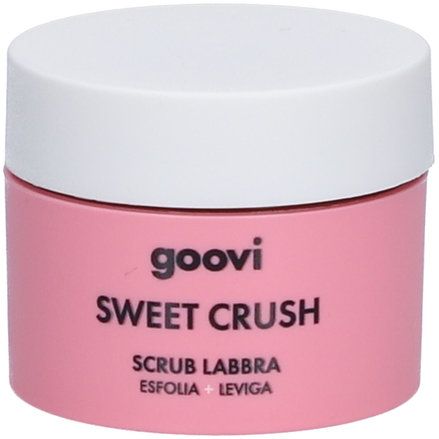 Rosa Tiegel mit weißem Deckel. Aufschrift: Goovi, Sweet Crush, Scrub Labbra, Esfolia + Leviga.