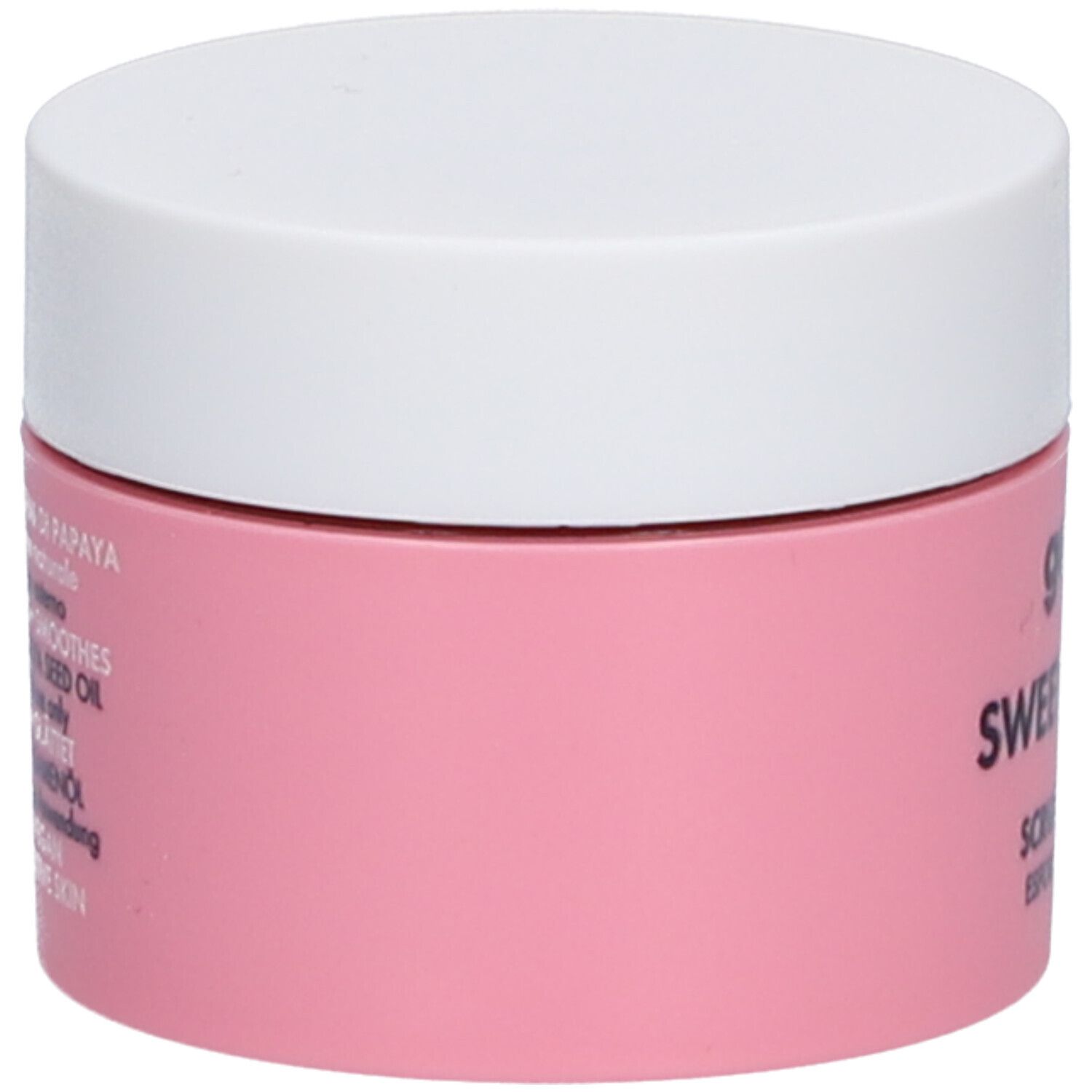 Rosa Tiegel mit weißem Deckel. Aufschrift: Inhaltsstoffe, 90% natürliche Inhaltsstoffe, En Lip Scrub, mit Kokosöl und Papayasamenöl.
