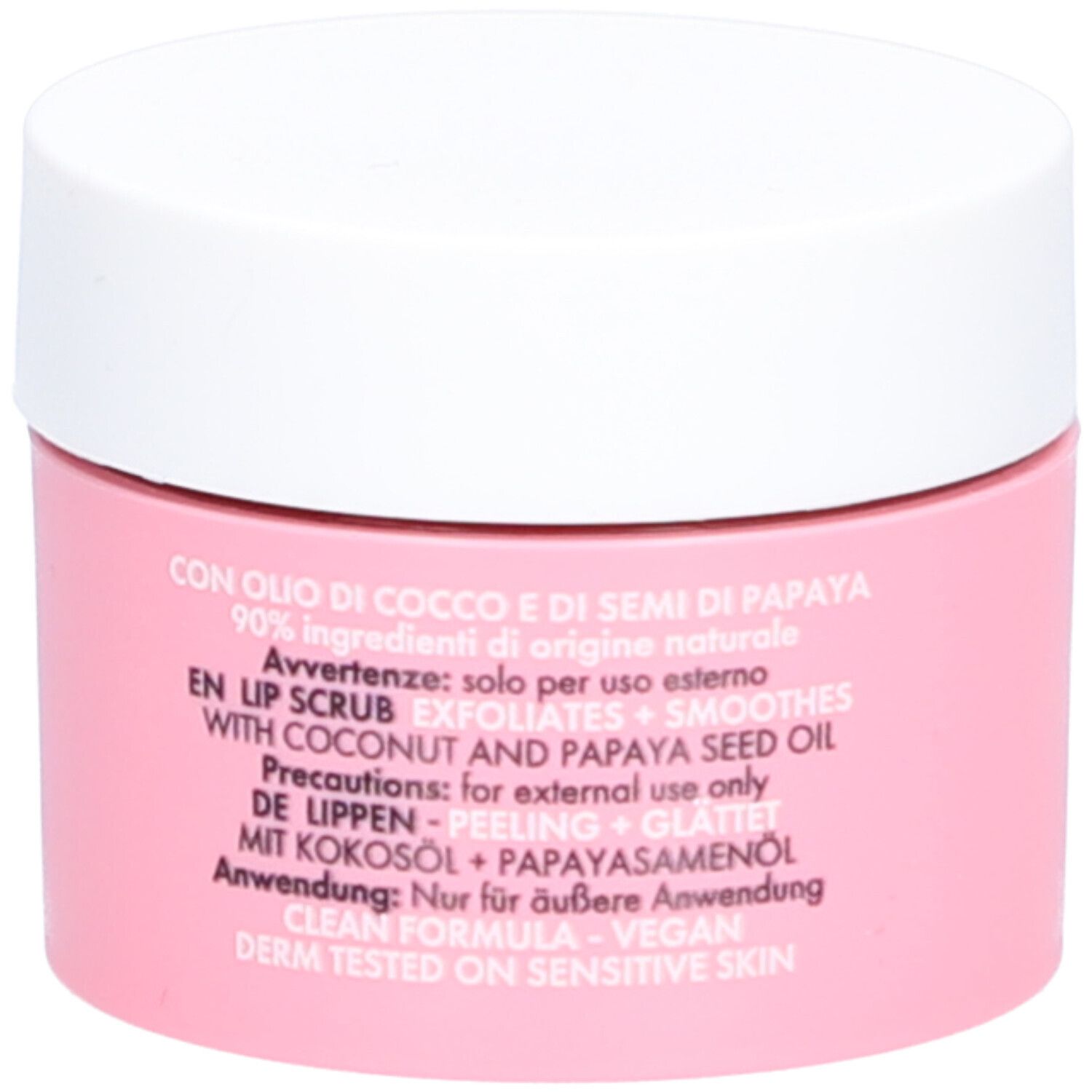 Rosa Tiegel mit weißem Deckel. Aufschrift: En Lip Scrub, mit Kokosöl und Papayasamenöl. Anwendung: Nur für äußere Anwendung.