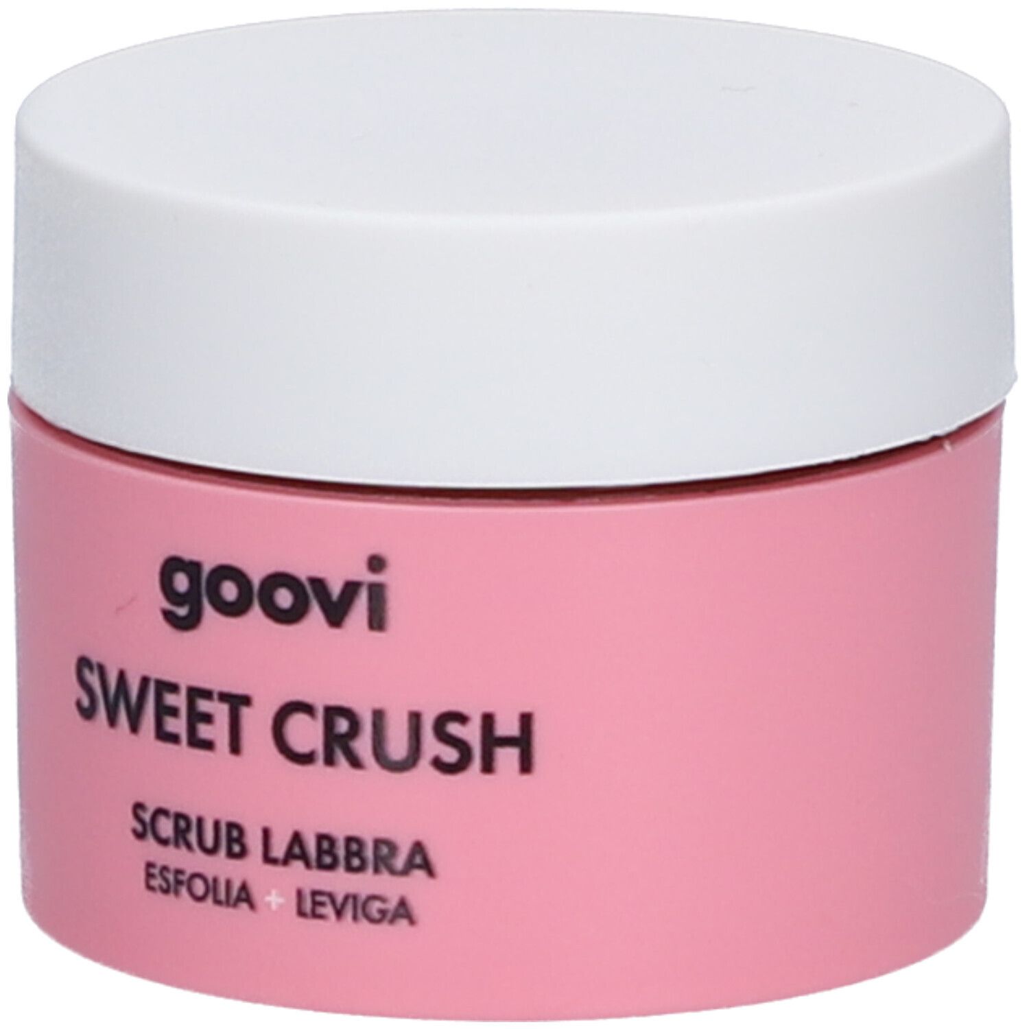 Rosa Tiegel mit weißem Deckel. Aufschrift: Goovi, Sweet Crush, Scrub Labbra, Esfolia + Leviga.