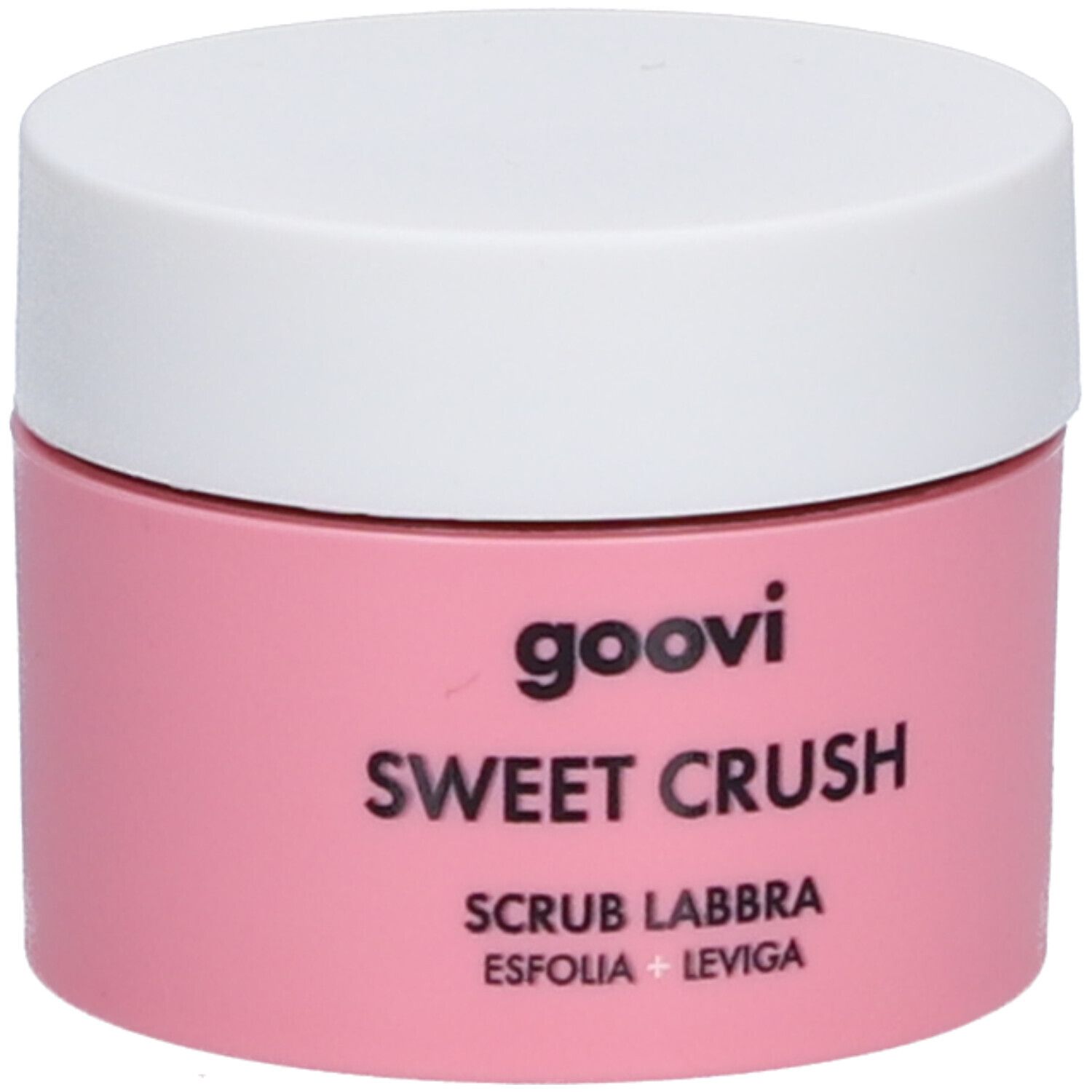 Rosa Tiegel mit weißem Deckel. Aufschrift: Goovi, Sweet Crush, Scrub Labbra, Esfolia + Leviga.