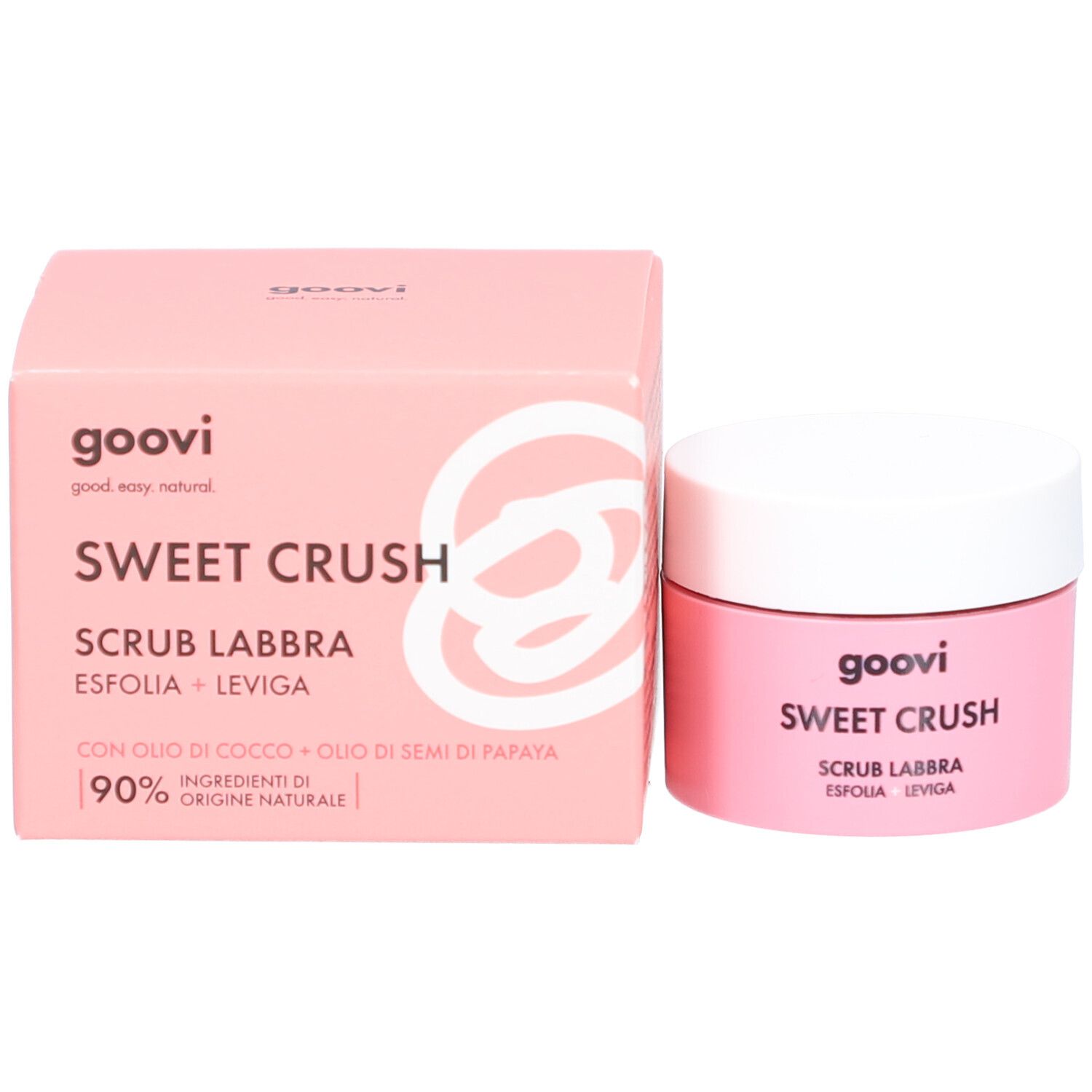 Rosa Verpackung und Tiegel. Aufschrift: Goovi, Sweet Crush, Scrub Labbra, Esfolia + Leviga. 90% natürliche Inhaltsstoffe.