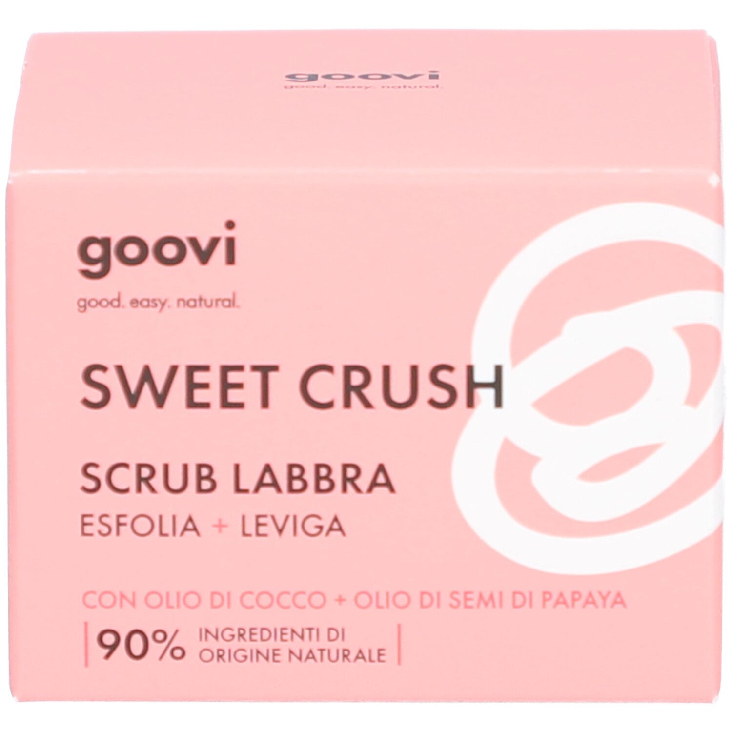 Rosa Verpackung. Aufschrift: Goovi, Sweet Crush, Scrub Labbra, Esfolia + Leviga. 90% natürliche Inhaltsstoffe.