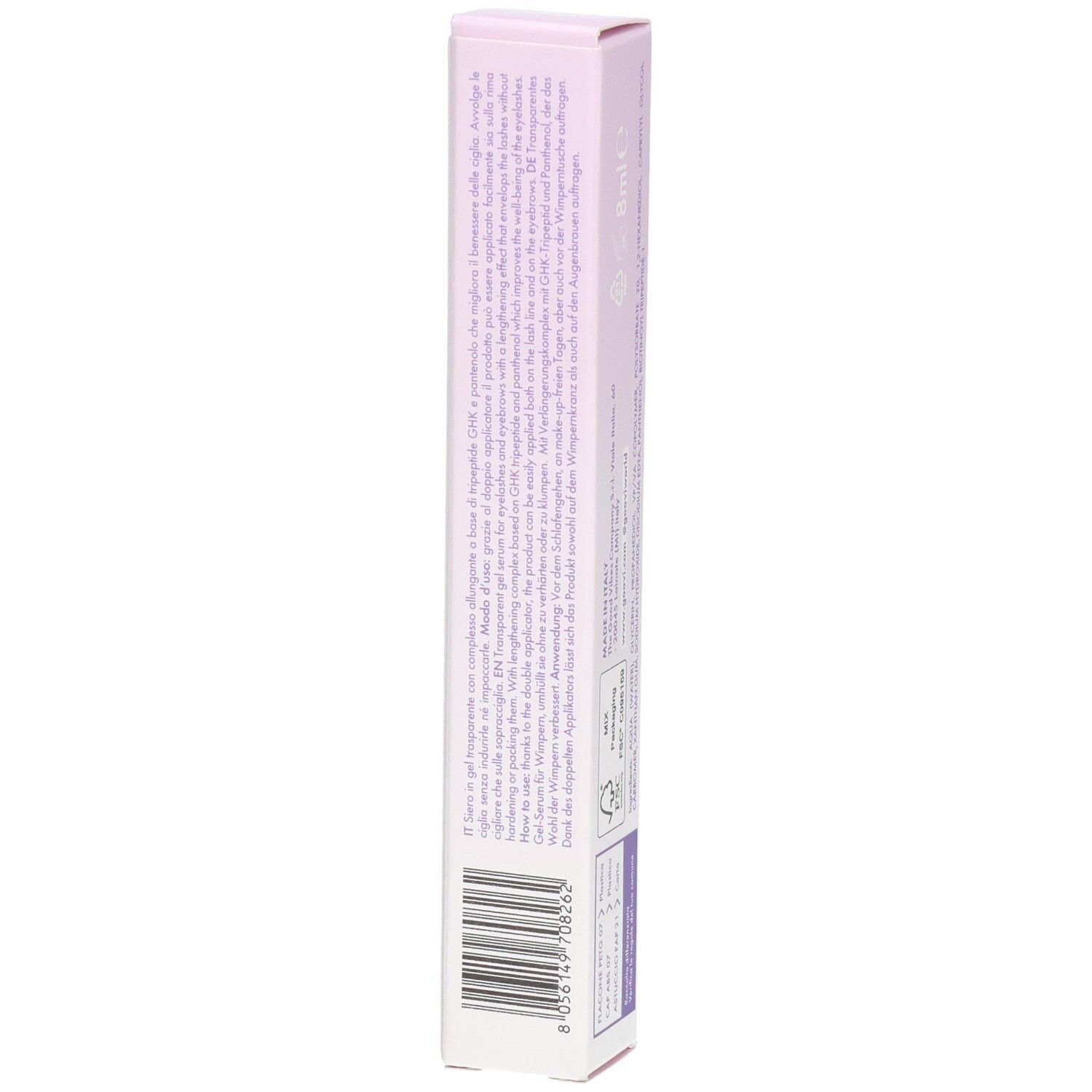 Seitenansicht der goovi Nourilashes Verpackung mit Produktinformationen.