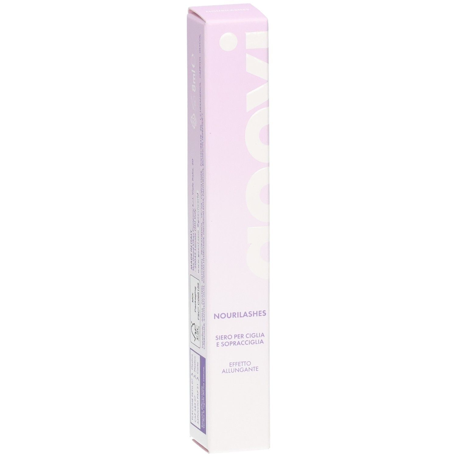 Verpackung des goovi Nourilashes Serums mit Produktbezeichnung und Inhaltsangaben.
