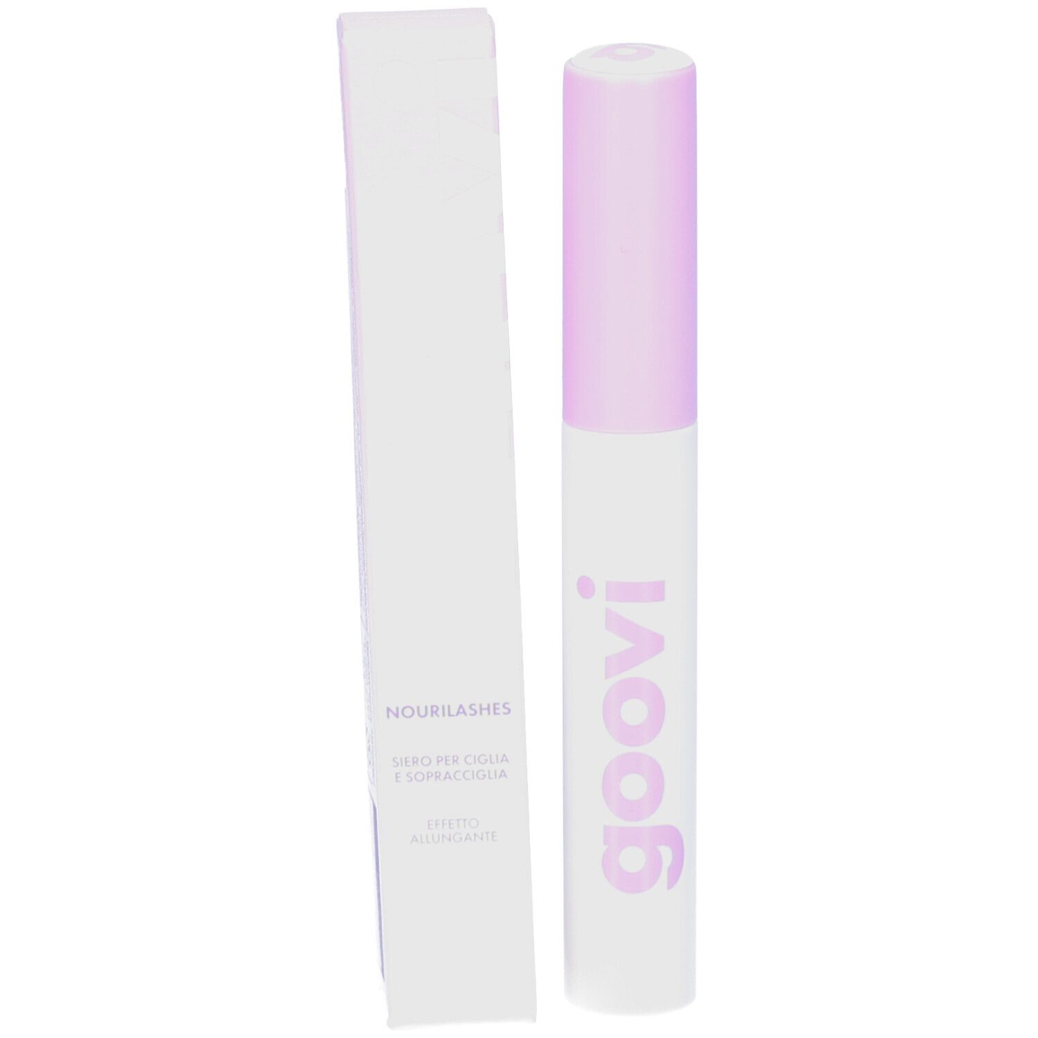 Verpackung und Fläschchen des goovi Nourilashes Serums für Wimpern und Augenbrauen.