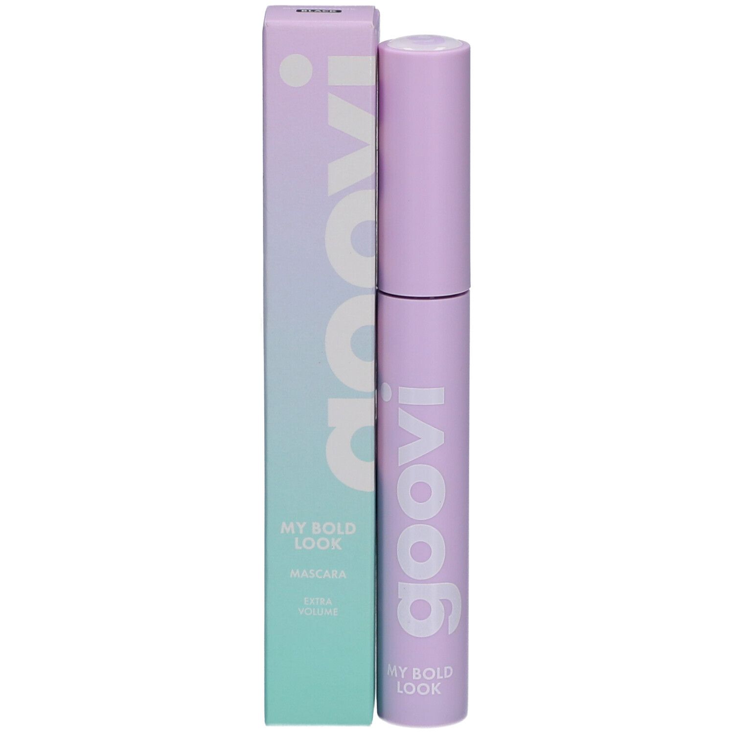 Mascara und Verpackung. Lila Tube mit weißem Schriftzug 'goovi'. Verpackung mit 'goovi' und 'MY BOLD LOOK'.