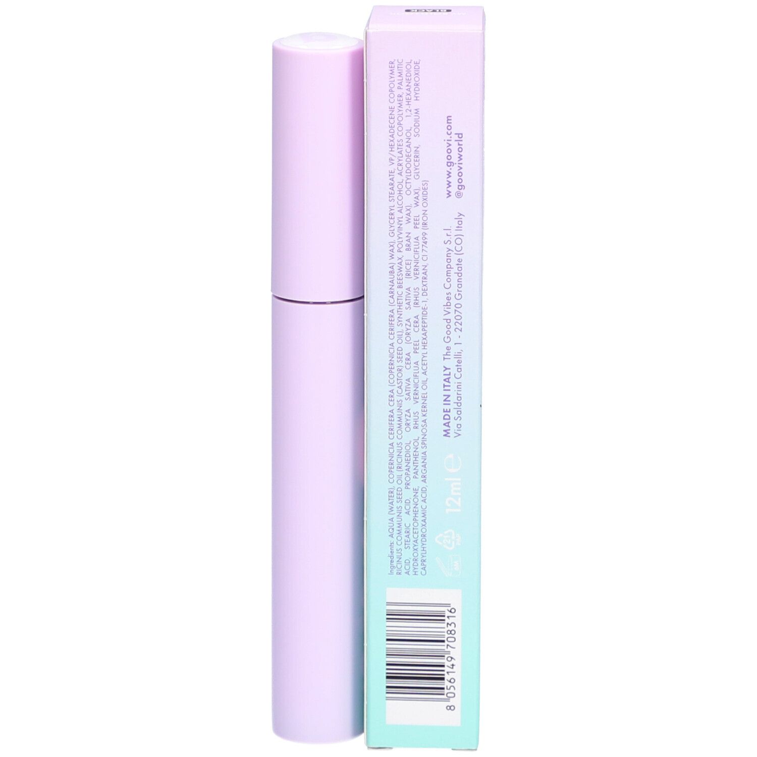 Mascara-Tube und Verpackung. Lila Tube mit weißem Schriftzug. Inhaltsstoffe und Informationen auf der Verpackung.