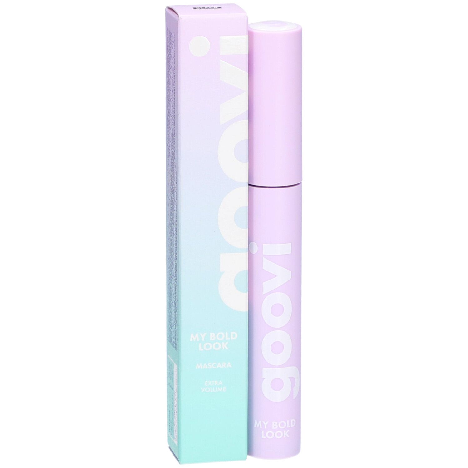 Mascara und Verpackung. Lila Tube mit weißem Schriftzug 'goovi'. Verpackung mit 'goovi' und 'MY BOLD LOOK'.