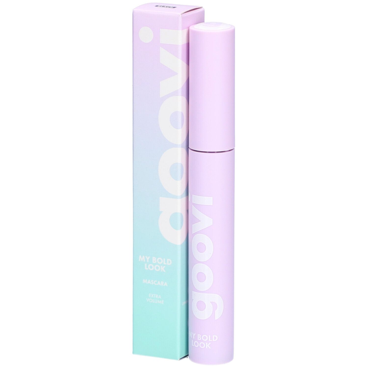 Mascara und Verpackung. Lila Tube mit weißem Schriftzug 'goovi'. Verpackung mit 'goovi' und 'MY BOLD LOOK'.