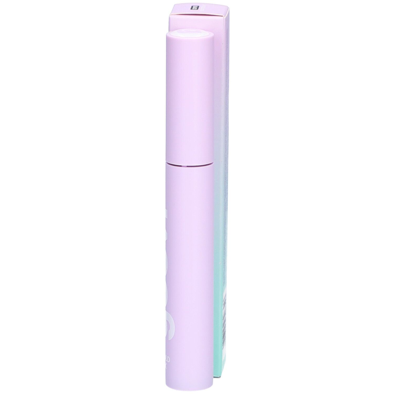 Mascara-Tube und Verpackung. Lila Tube mit weißem Schriftzug 'goovi'. Verpackung mit 'goovi'.