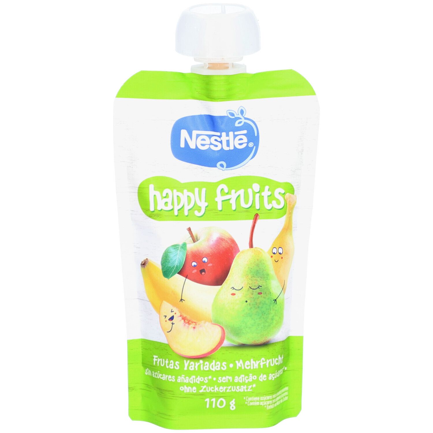 Nestlé Happy Fruits Quetschbeutel mit Fruchtillustrationen. Oben weißer Verschluss. Text: "happy fruits", "110 g".