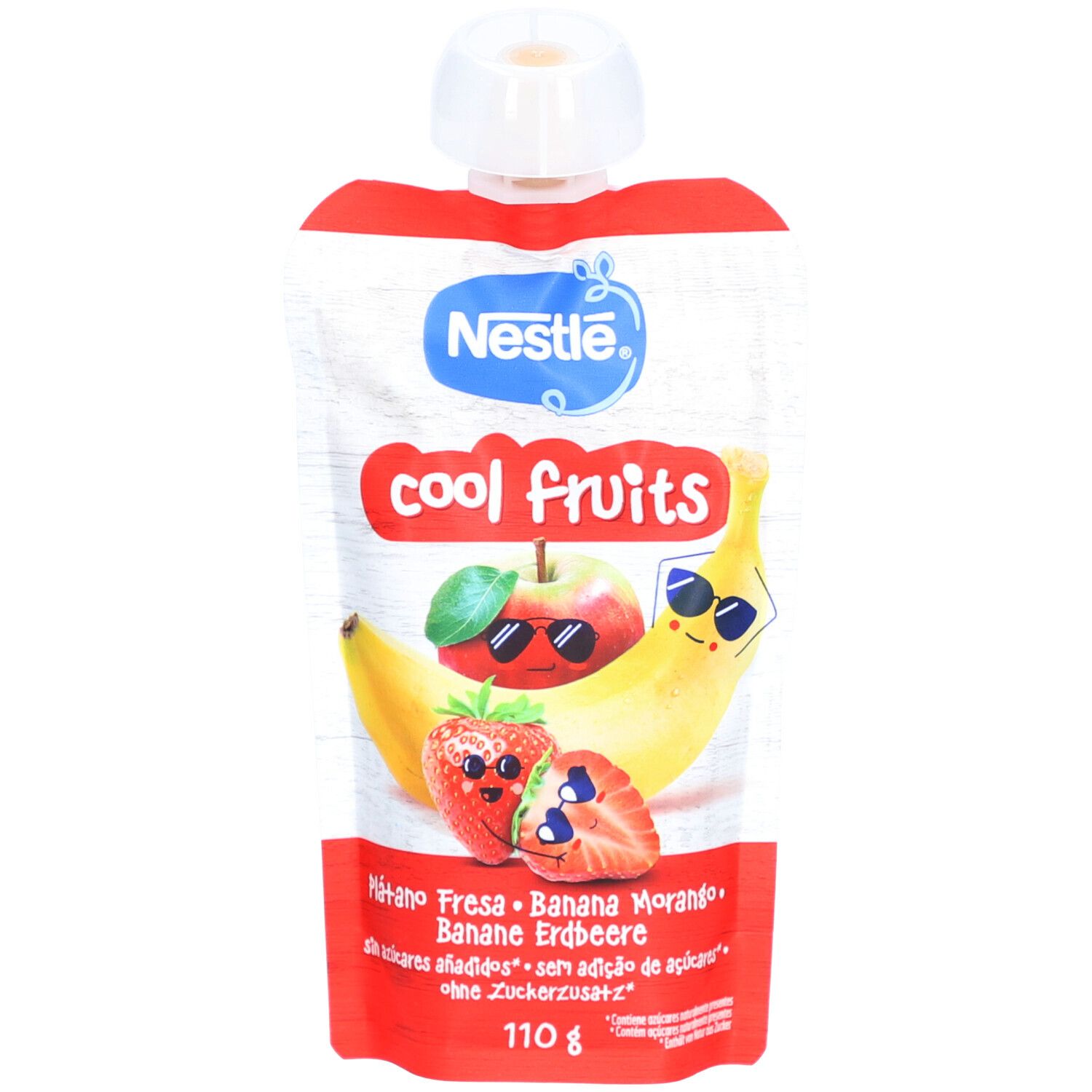 Nestlé Cool Fruits Quetschbeutel mit Erdbeere, Apfel und Banane. Rote und weiße Verpackung mit Produktlogo und Illustrationen.