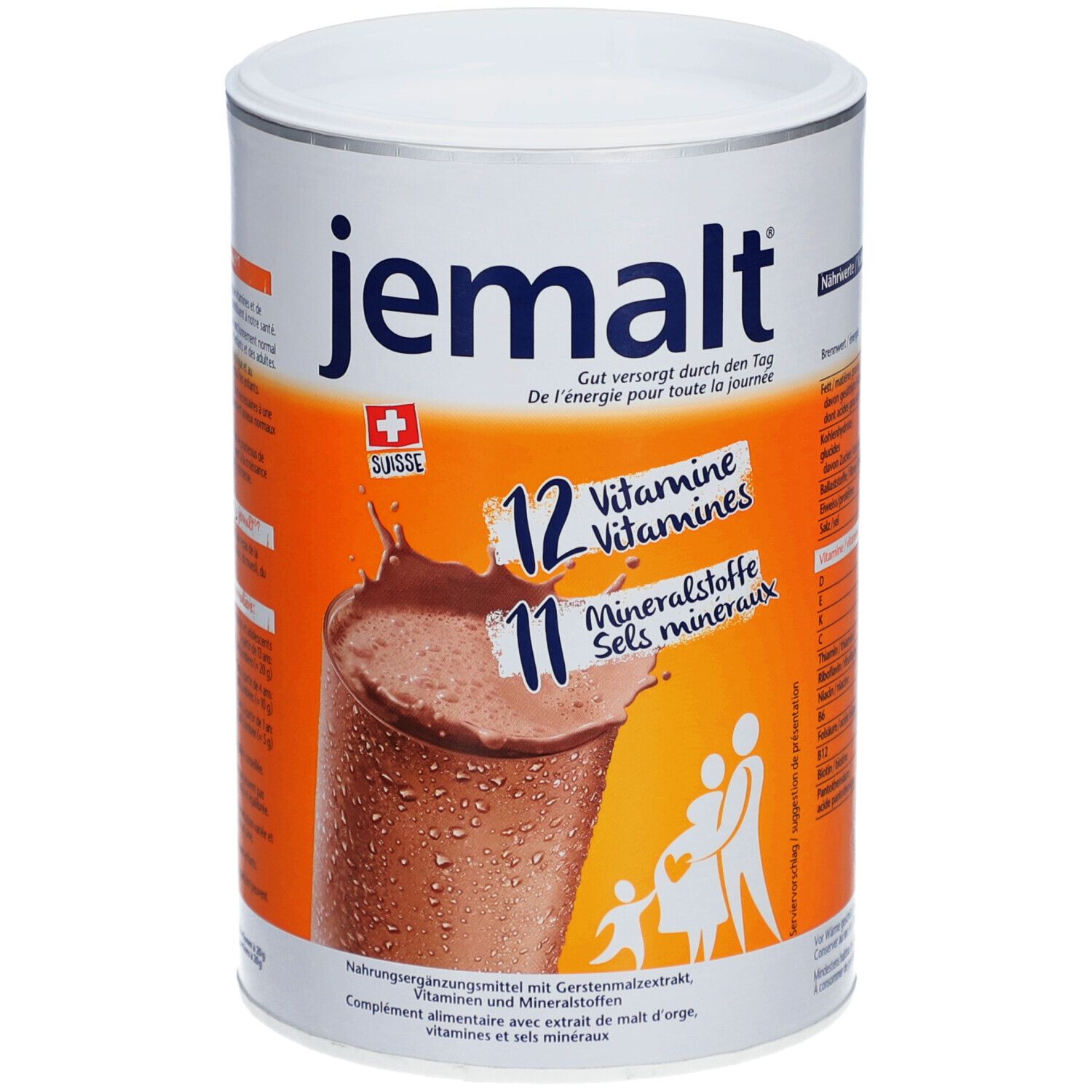 Boîte cylindrique "jemalt", croix suisse. 12 vitamines, 11 minéraux. Image d'une boisson. Texte: "De l'énergie pour toute la journée".
