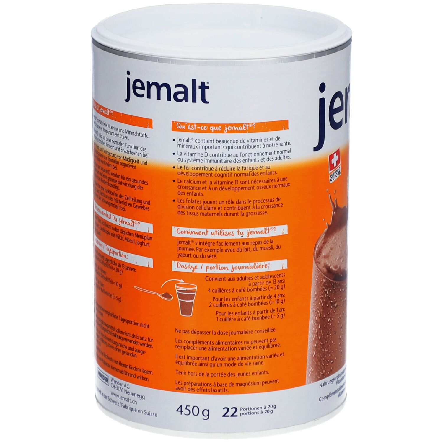 Boîte cylindrique "jemalt". Textes en allemand et français. Image d'une boisson. Croix suisse. 450g, 22 portions.