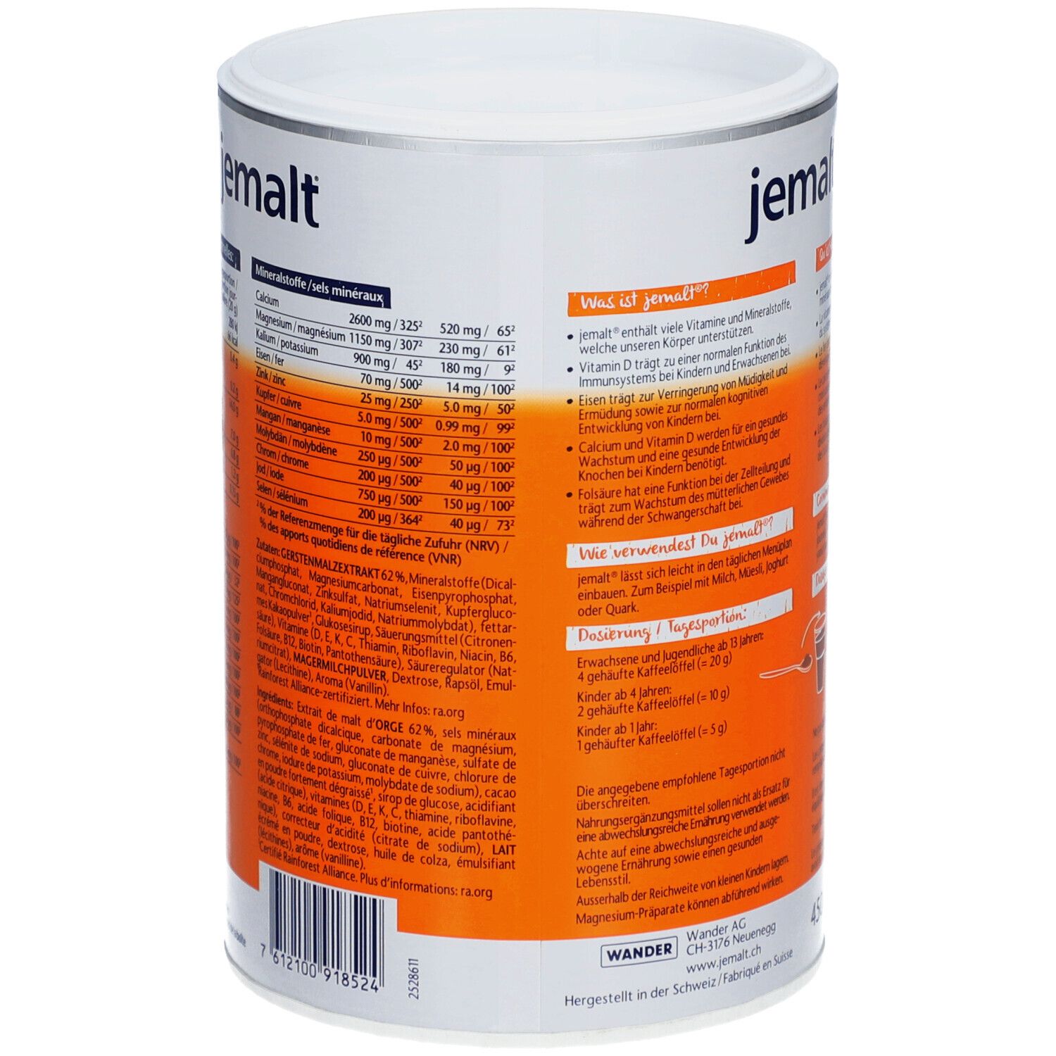 Boîte cylindrique "jemalt". Dos avec informations nutritionnelles et ingrédients. Croix suisse. Texte en allemand.
