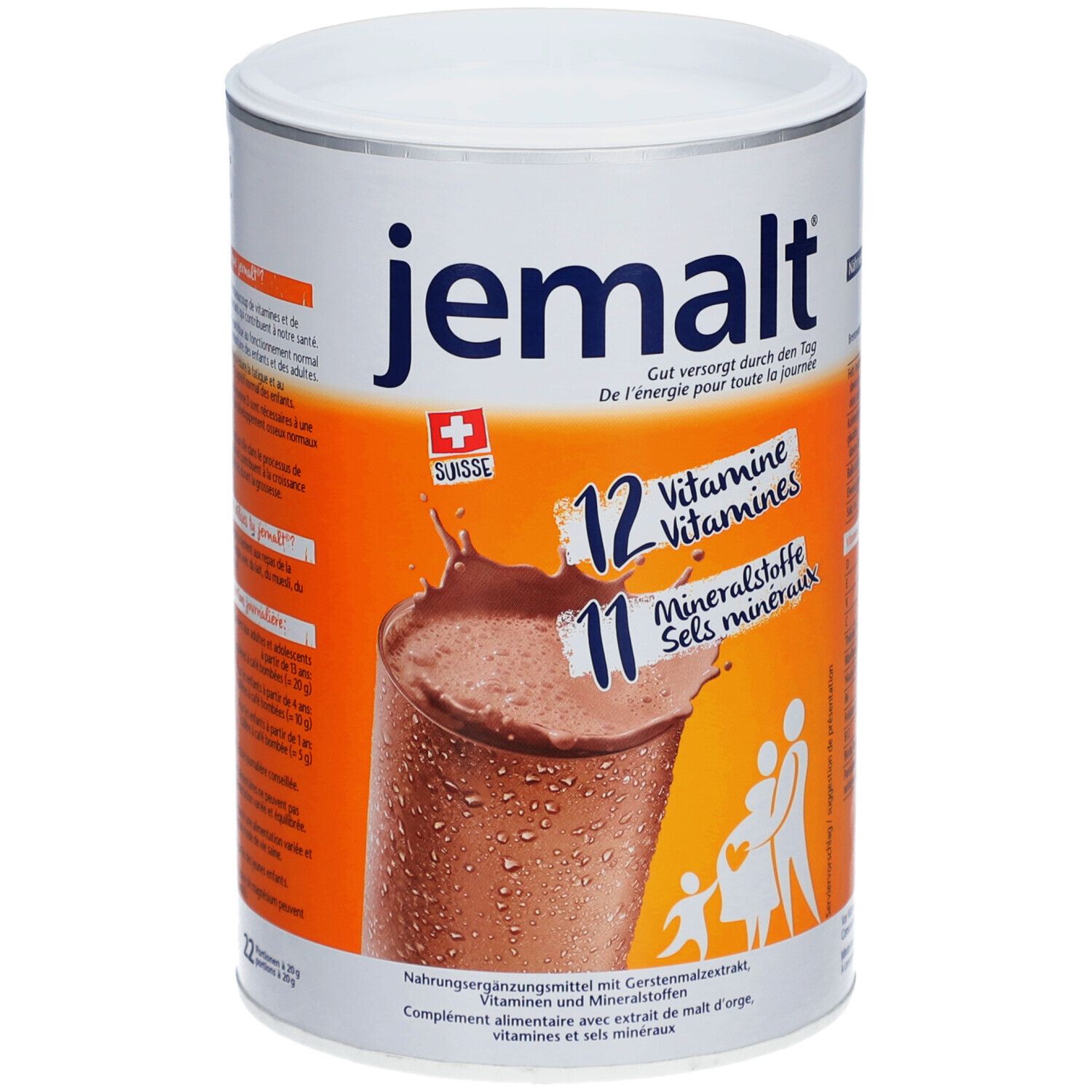 Boîte cylindrique "jemalt" avec croix suisse. 12 vitamines, 11 minéraux. Image d'une boisson. Texte: "De l'énergie pour toute la journée".