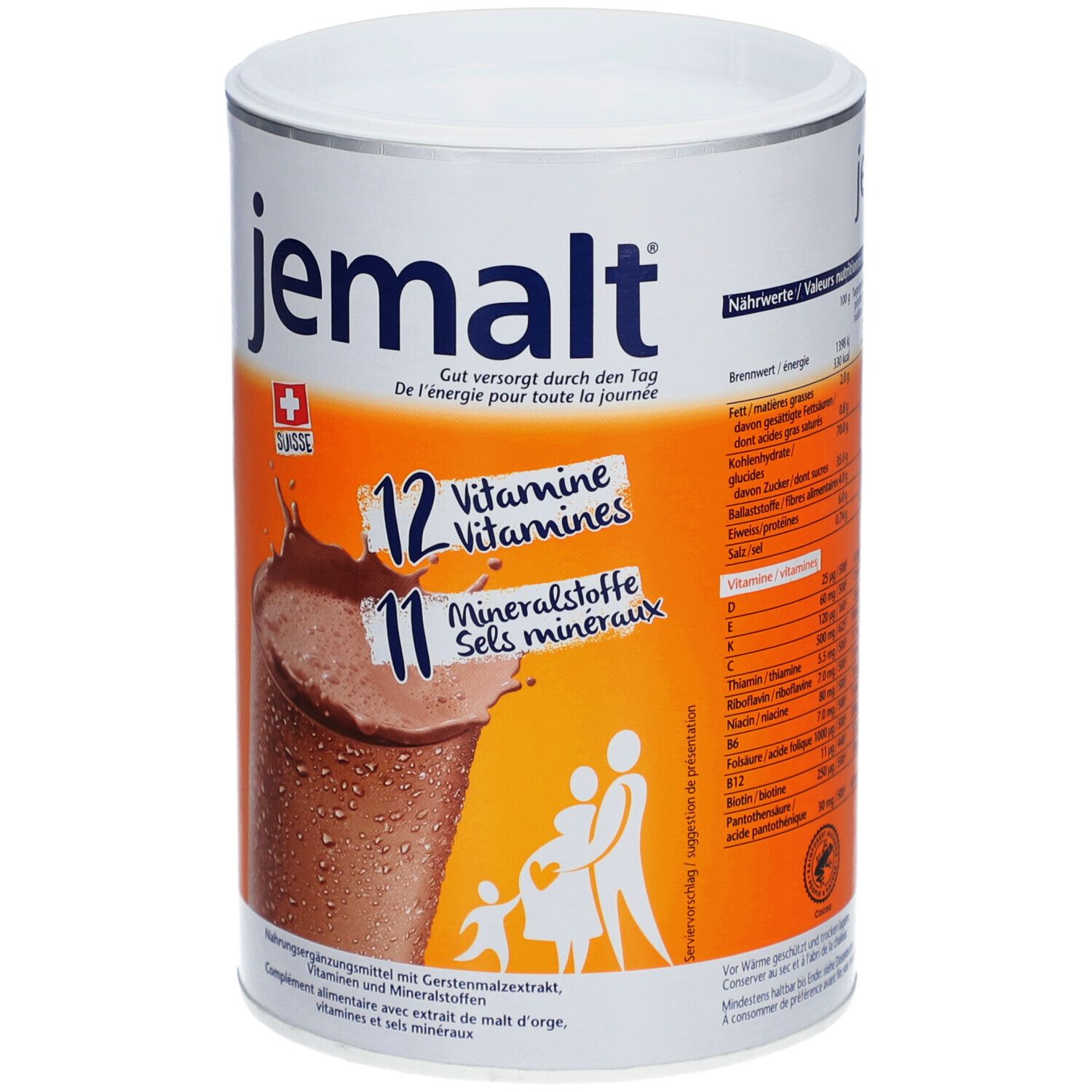 Boîte cylindrique "jemalt". 12 vitamines, 11 minéraux. Image d'une boisson. Informations nutritionnelles à droite.