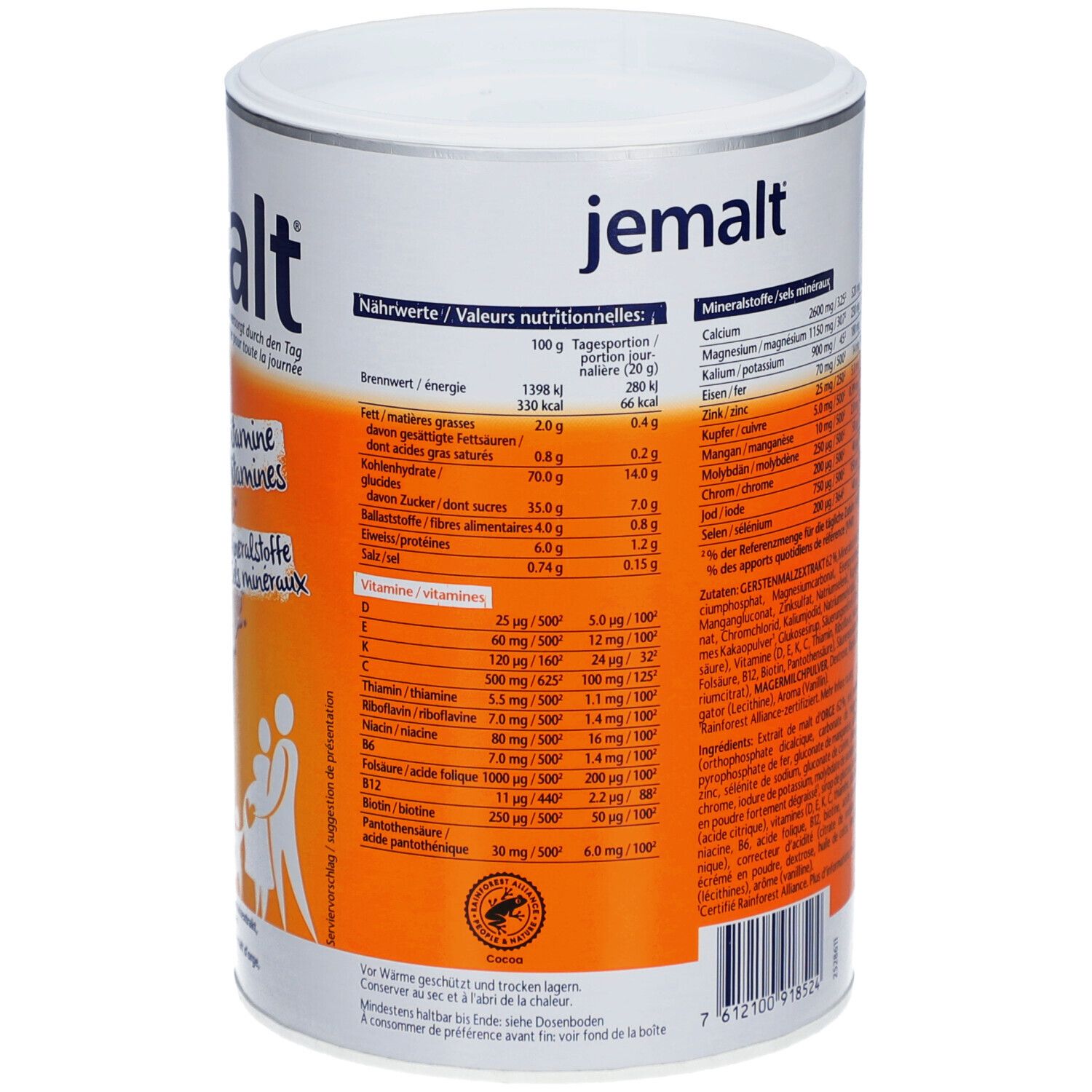 Boîte cylindrique "jemalt". Informations nutritionnelles et ingrédients. Informations pour 100g. Image d'une famille.