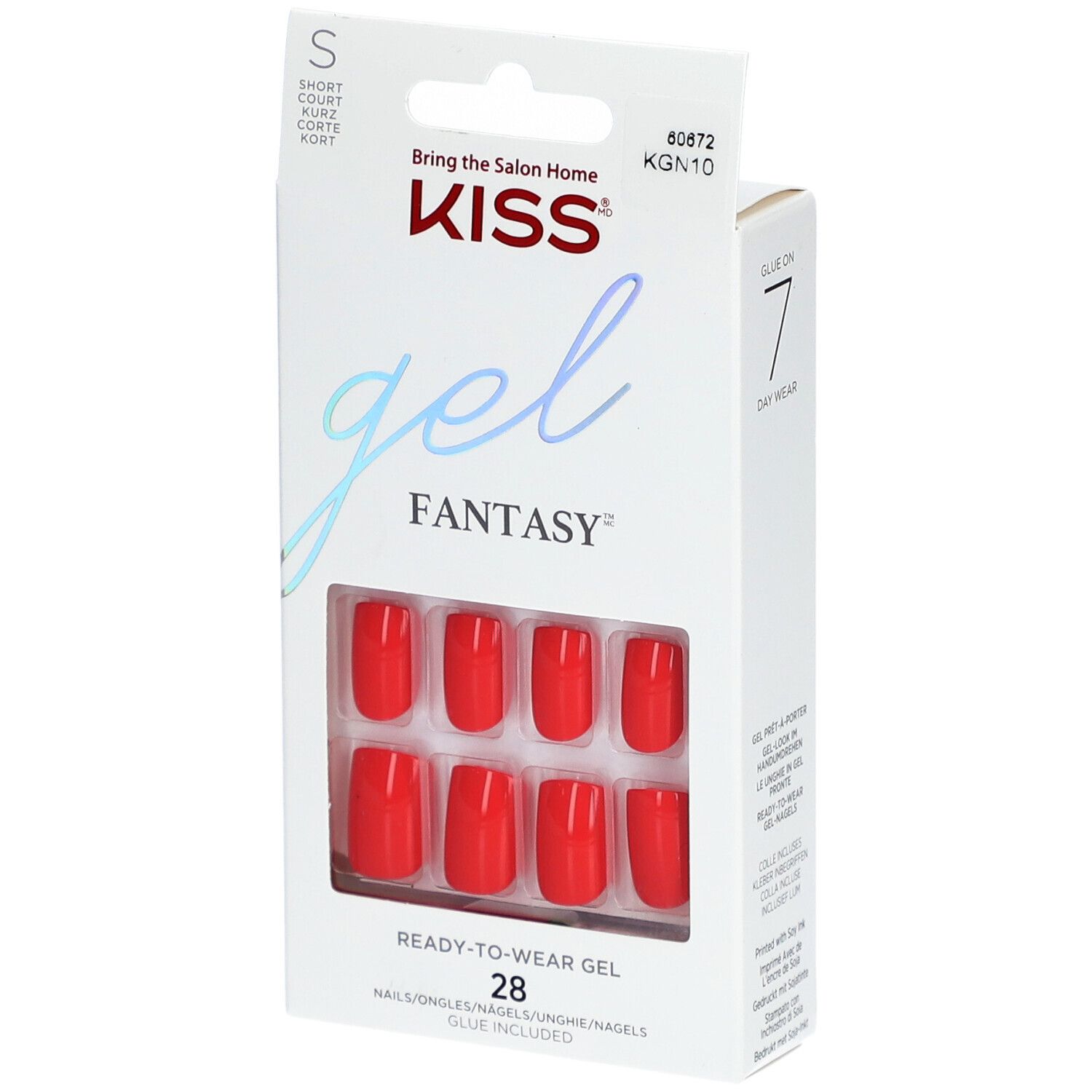 KISS Gel Fantasy Nägel in roter Verpackung. 28 Nägel, Kleber enthalten. "Ready-to-Wear Gel".