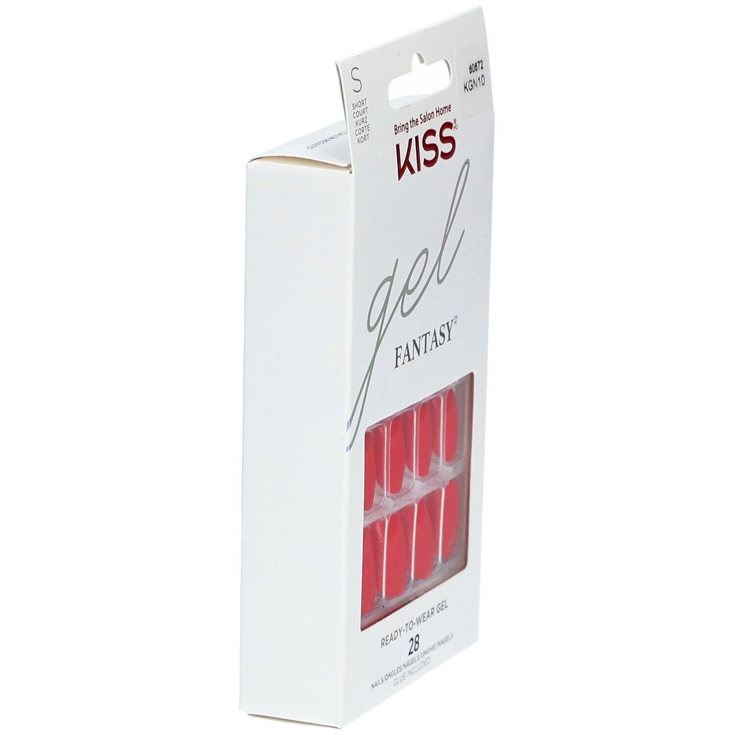 KISS Gel Fantasy Verpackung, Seitenansicht. Rote Nägel sichtbar. "Ready-to-Wear Gel".