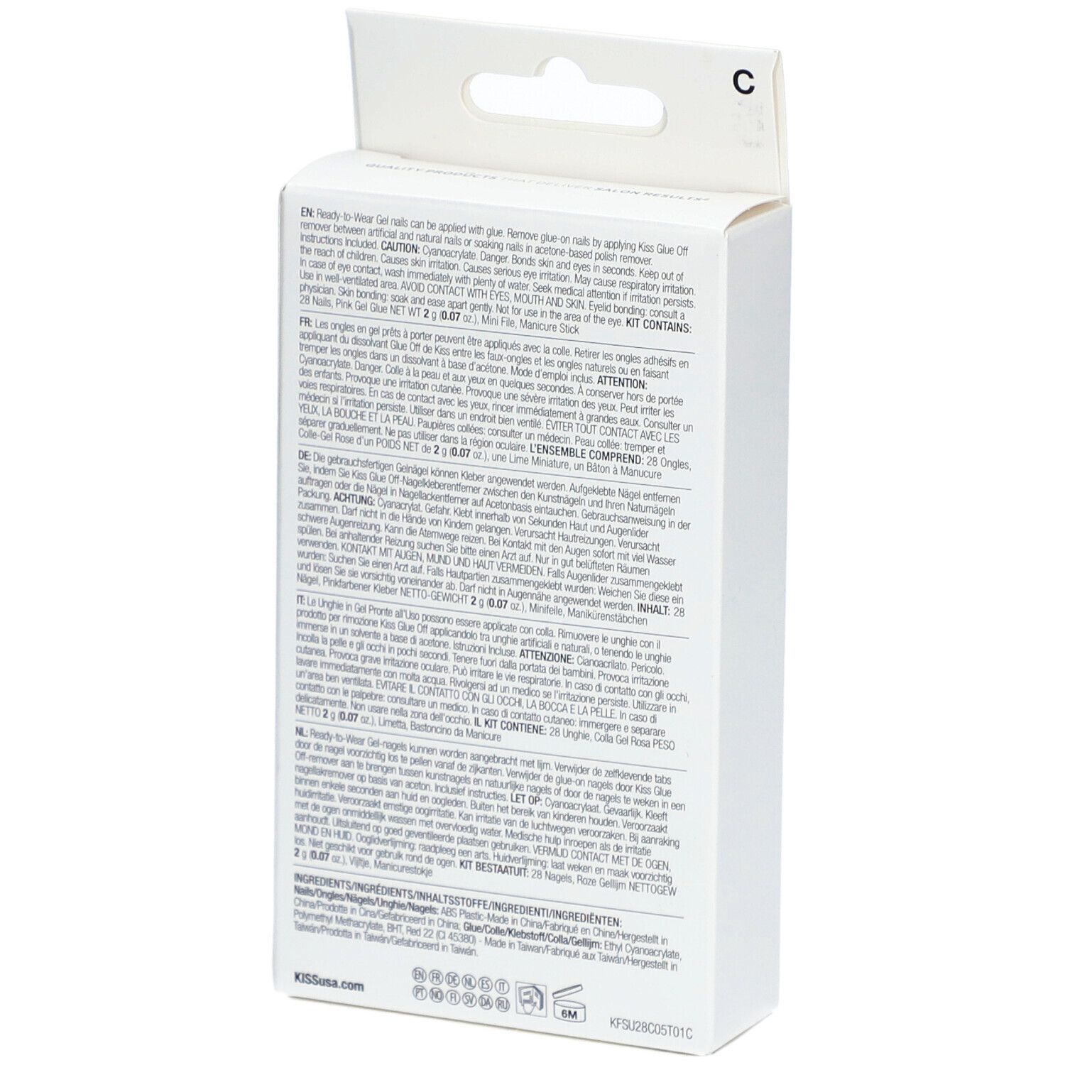 Rückseite der KISS Gel Fantasy Verpackung. Text in mehreren Sprachen. Enthält Kleber.