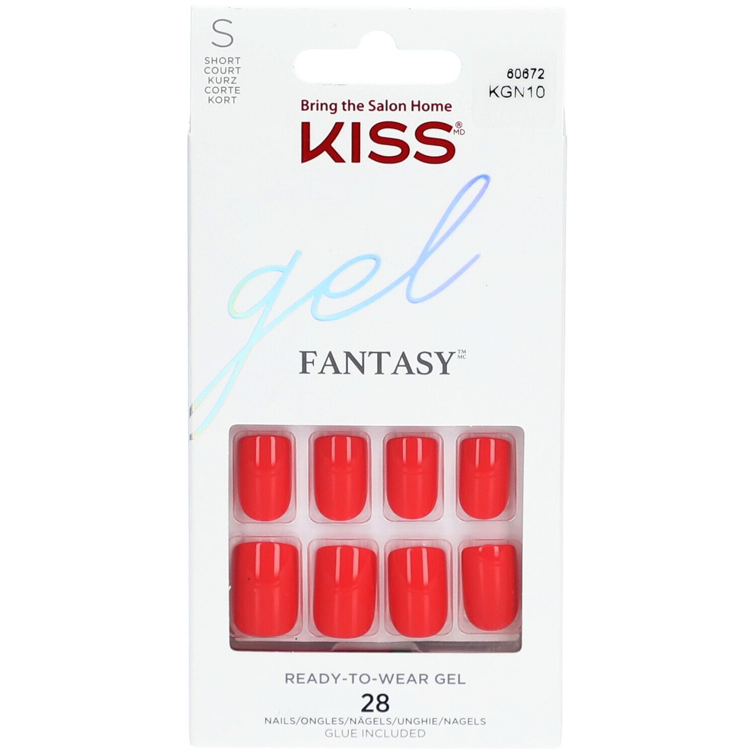 KISS Gel Fantasy Nägel in roter Verpackung. 28 Nägel, Kleber enthalten. "Ready-to-Wear Gel".