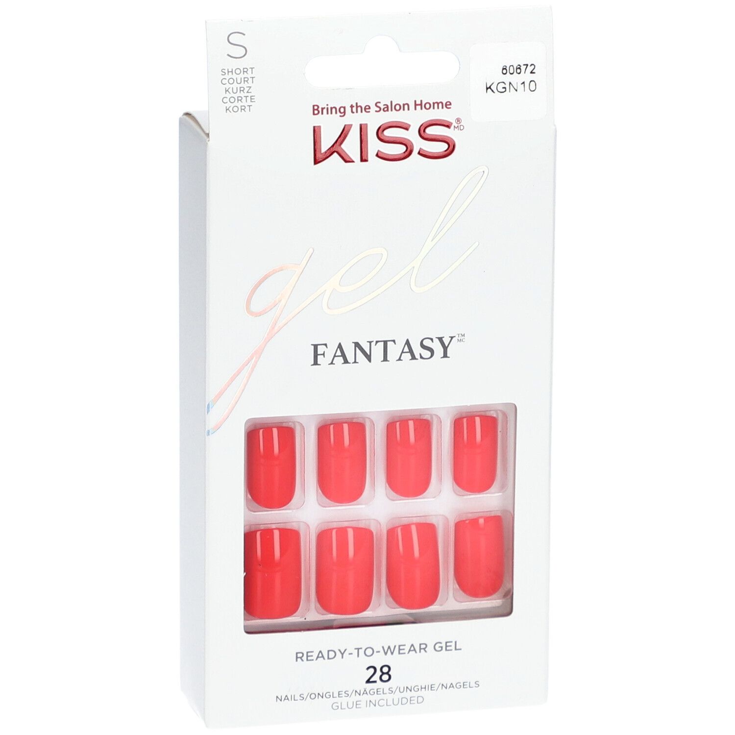 KISS Gel Fantasy Nägel in roter Verpackung. 28 Nägel, Kleber enthalten. "Ready-to-Wear Gel".