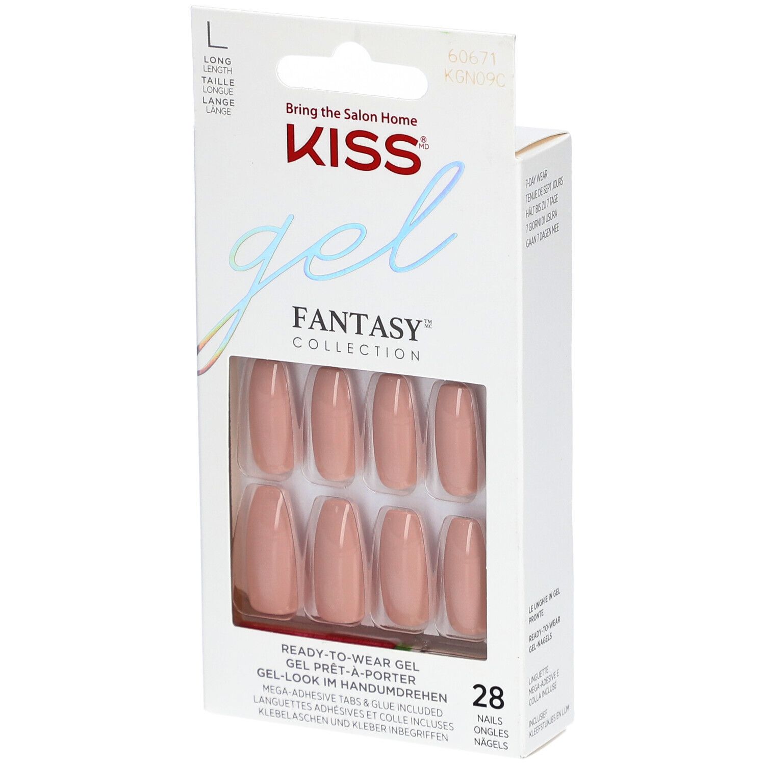 KISS Gel Fantasy Nägel in Verpackung. Rosa, ovale Form. 28 Stück. Marke und Produktbezeichnung sichtbar.